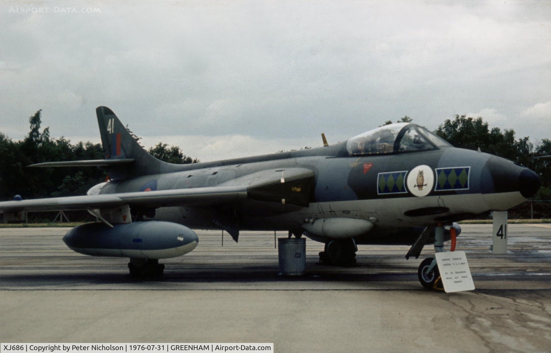 XJ686, 1957 Hawker Hunter FGA.9 C/N 41H/688076, Hunter FGA.9 of 58 Squadron at the 1976 Intnl Air Tattoo at RAF Greenham Common.