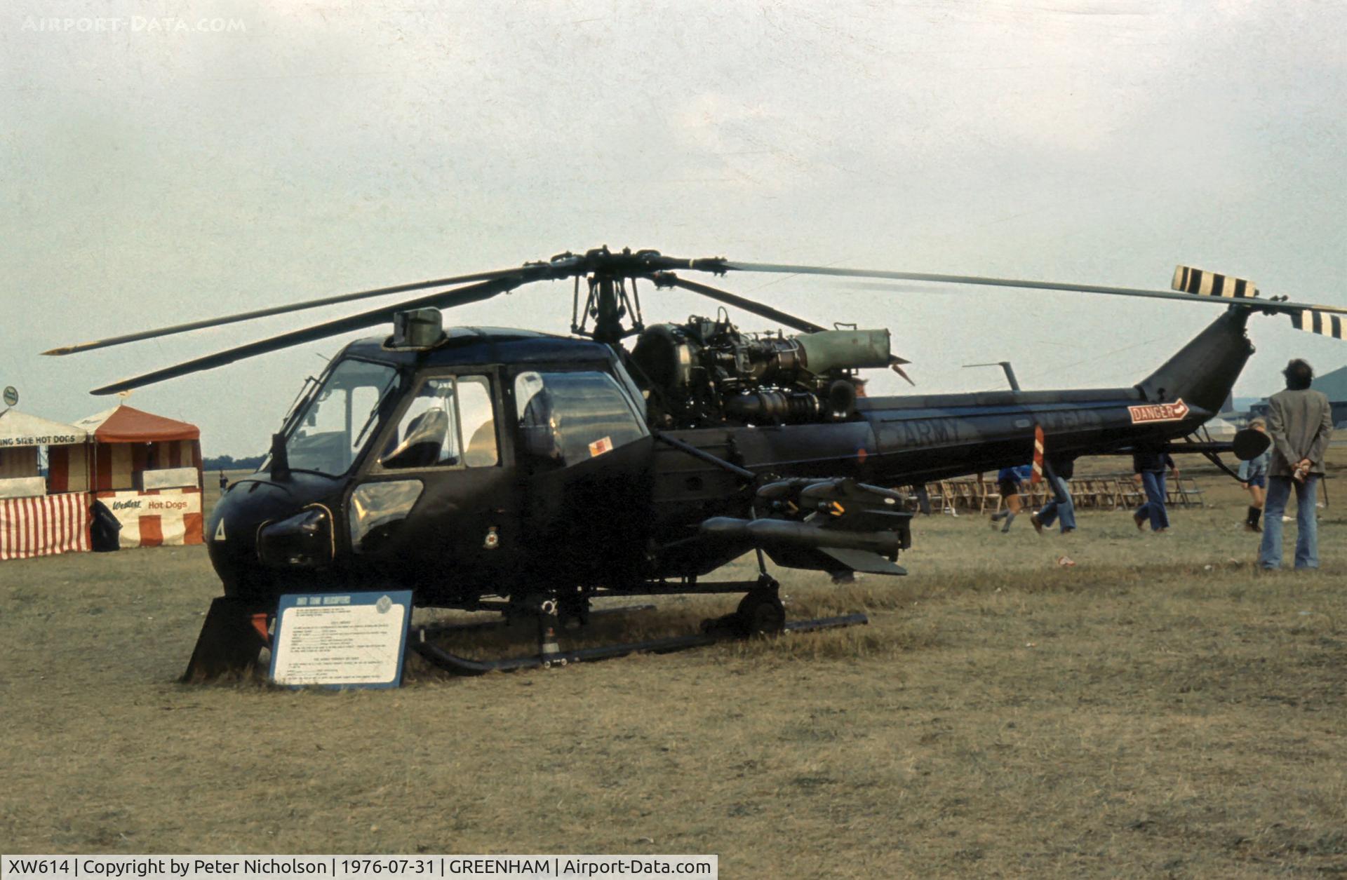 XW614, Westland Scout AH.1 C/N F9742, Scout AH.1 of 653 Squadron at the 1976 Intnl Air Tattoo at RAF Greenham Common.