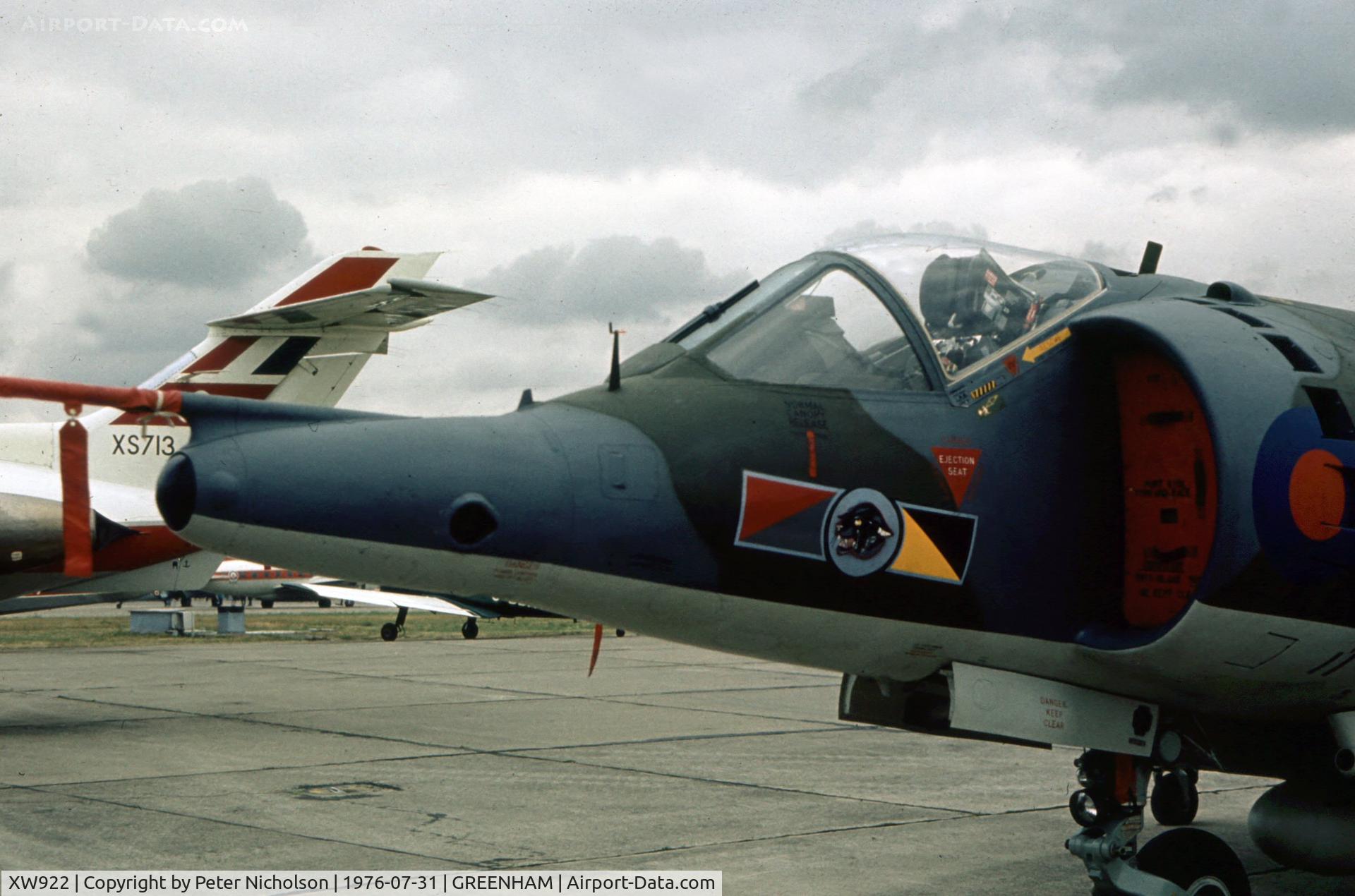 XW922, 1972 Hawker Siddeley Harrier GR.3 C/N 712077, Harrier GR.3 of 233 Operational Conversion Unit at the 1976 Intnl Air Tattoo at RAF Greenham Common.