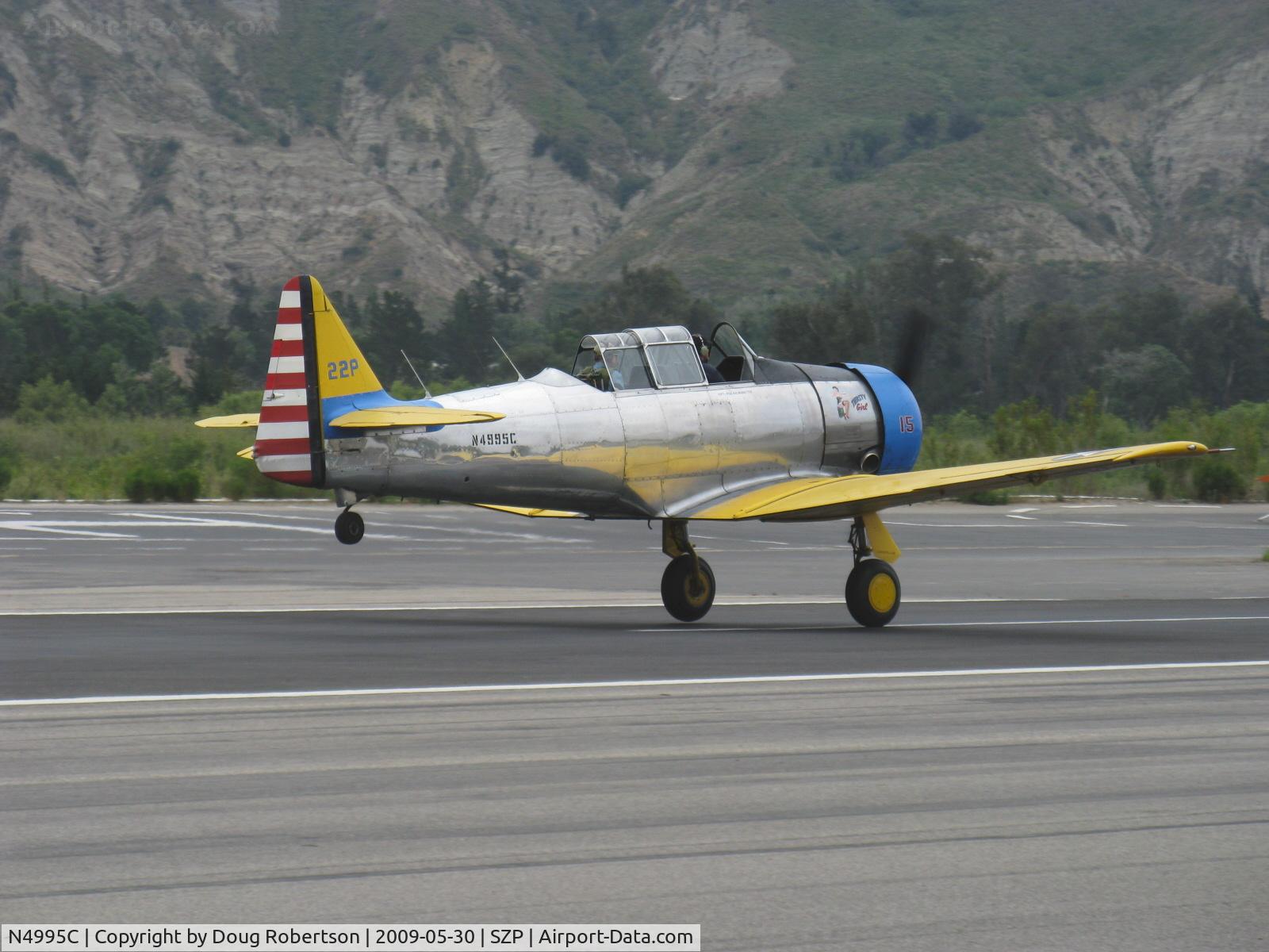 N4995C, 1949 North American T-6G Texan C/N 168-481, 1949 North American T-6G TEXAN 'Thirsty Girl', (factory reman) P&W R-1340 Wasp 600 Hp, takeoff roll Rwy 22