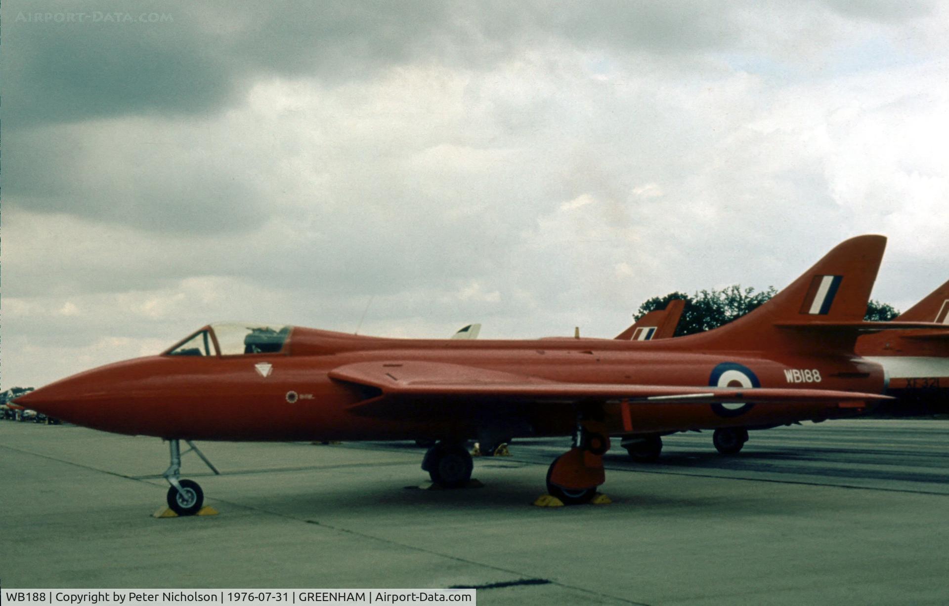 WB188, 1951 Hawker Hunter F.3 C/N 41H/665401, The prototype Hunter as a Hunter F.1/3 painted as the world air speed record holder of 1953 on display at the 1976 Intnl Air Tattoo at RAF Greenham Common.