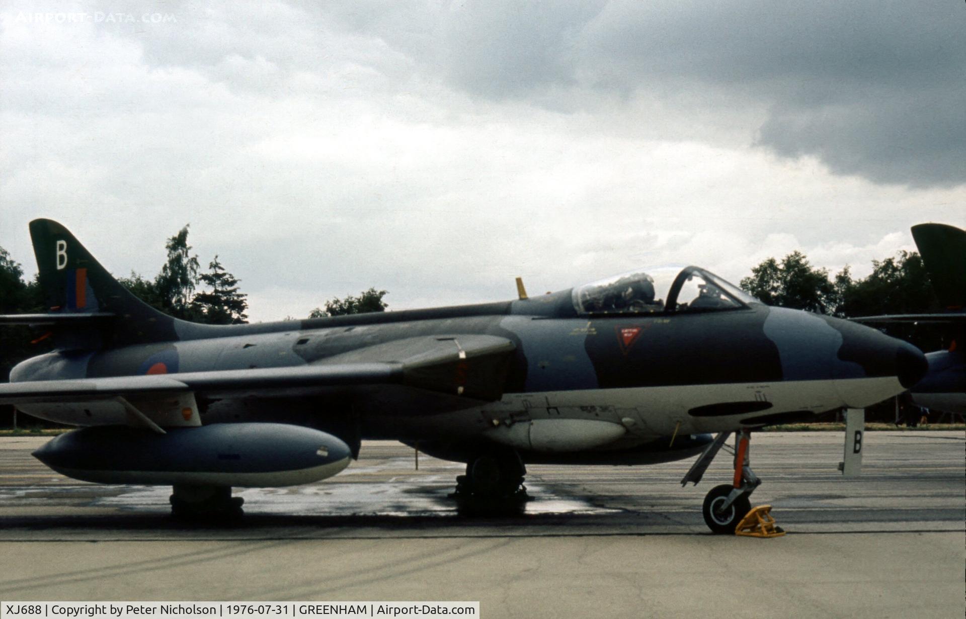 XJ688, 1957 Hawker Hunter FGA.9 C/N 41H/688079, Hunter FGA.9 of the Tactical Weapons Unit on display at the 1976 Intnl Air Tattoo at RAF Greenham Common.