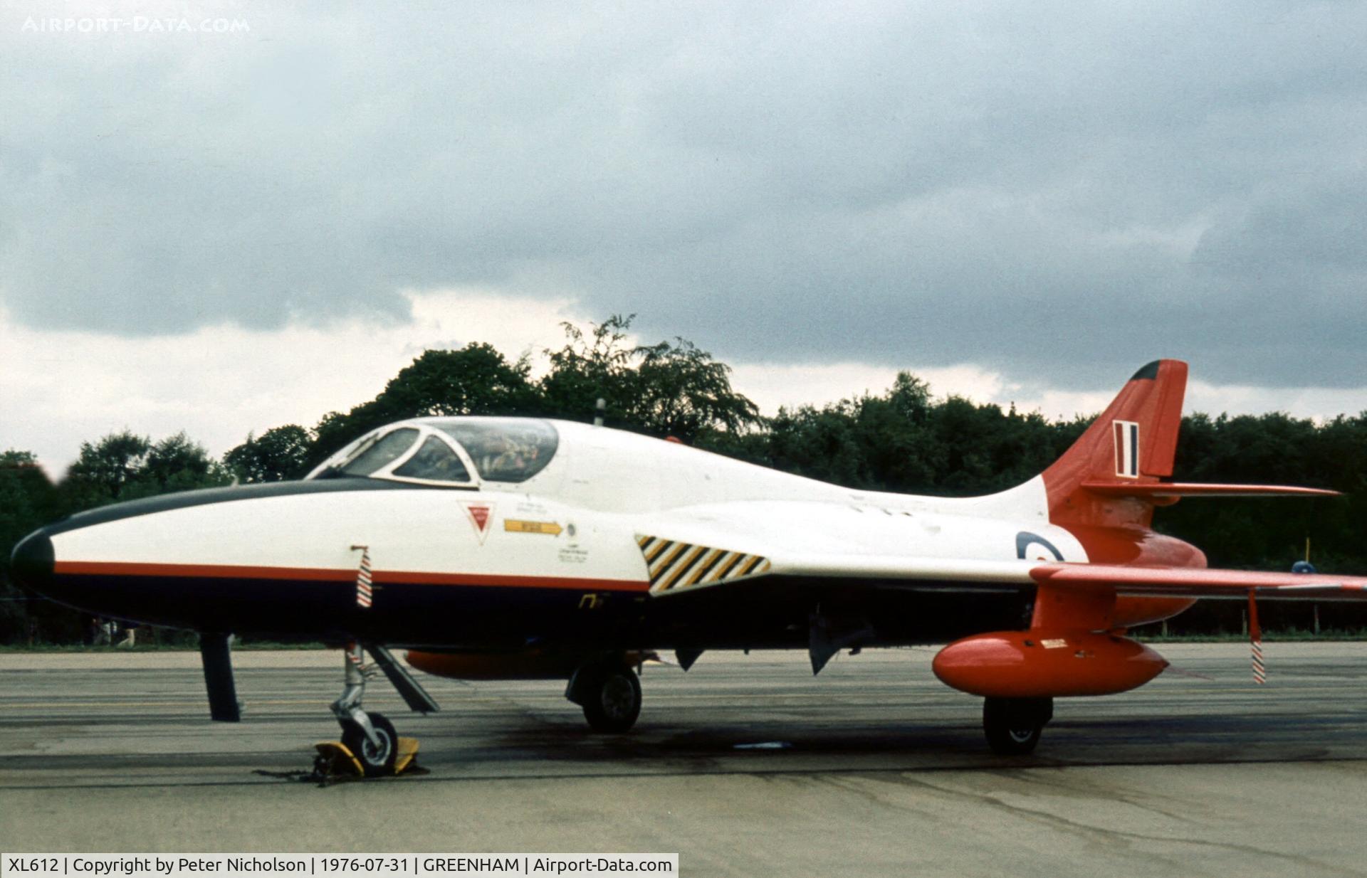 XL612, 1958 Hawker Hunter T.7 C/N 41H-695346, Hunter T.7 of the Royal Aircraft Establishment at Bedford in the static park of the 1976 Intnl Air Tattoo at RAF Greenham Common.