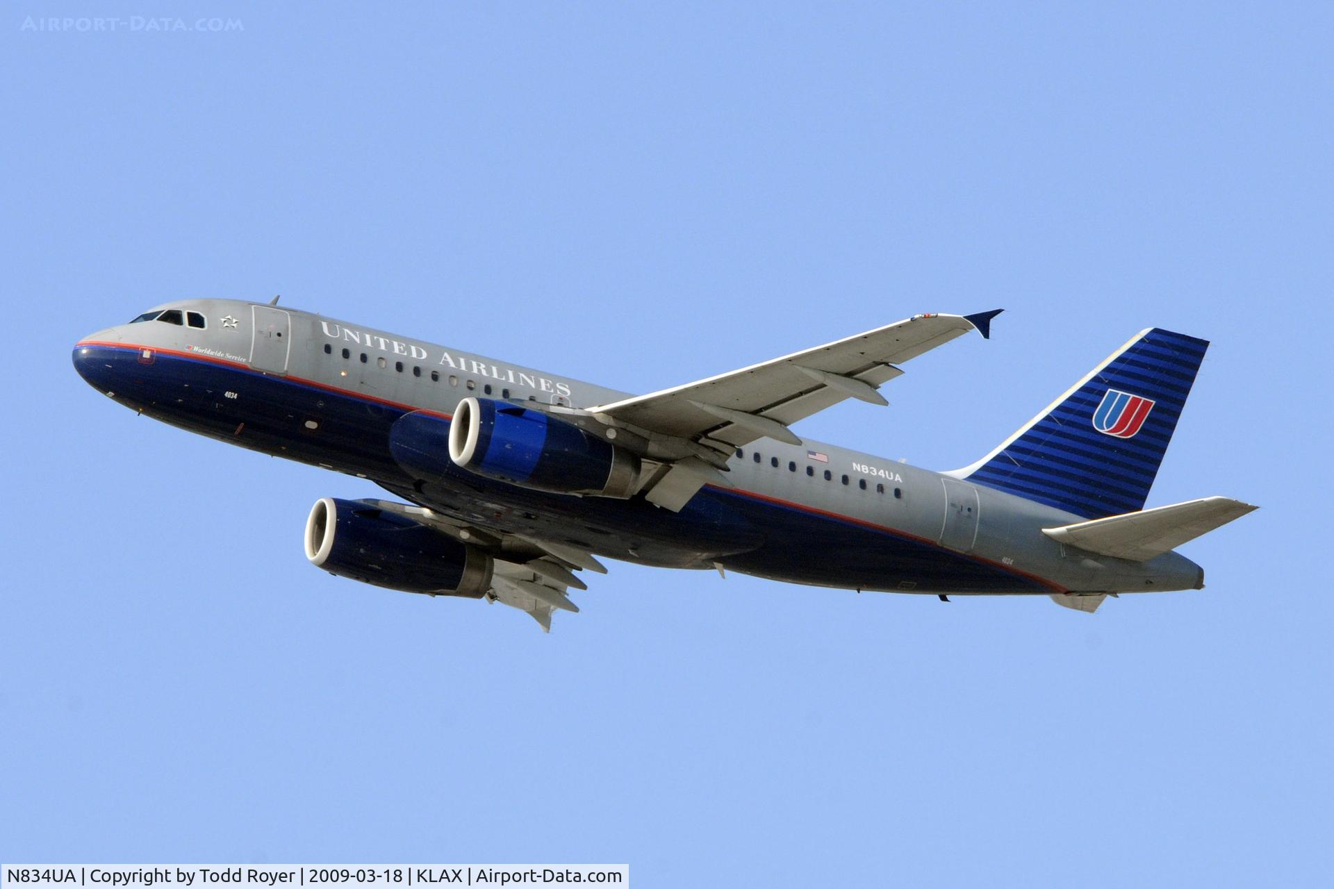N834UA, 2001 Airbus A319-131 C/N 1420, Departing LAX on 25R