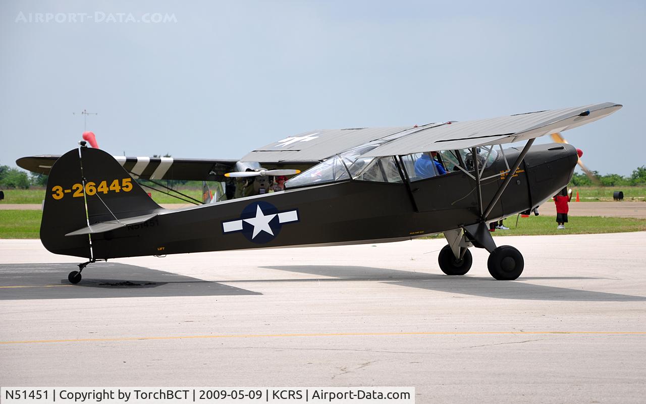N51451, 1943 Taylorcraft DCO-65 C/N L-5757, L-2 Grasshopper taxiing to RWY 14 during Corsicana Airsho 09.