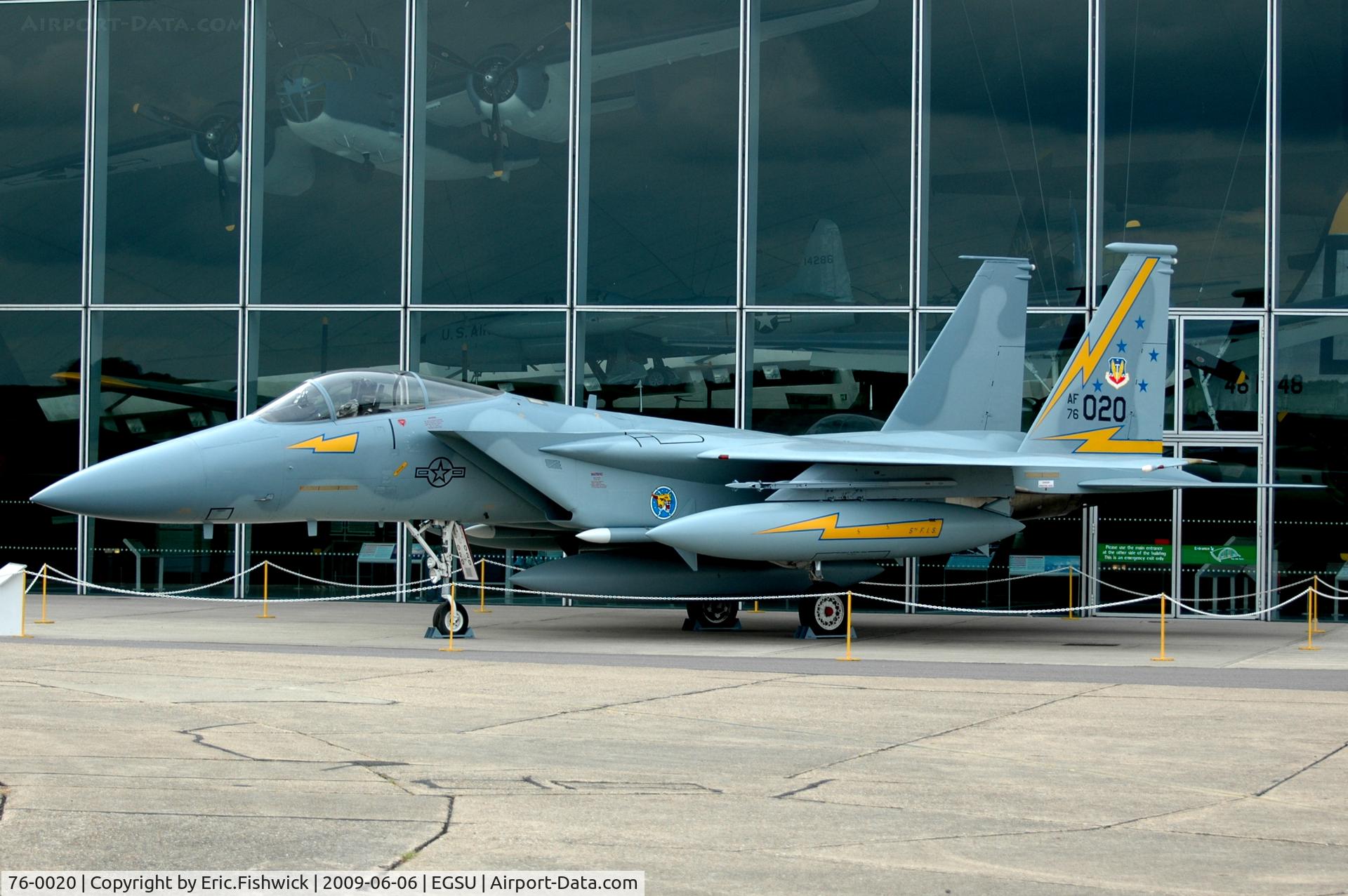 76-0020, 1976 McDonnell Douglas F-15A Eagle C/N 0199/A172, 1. 76-0020 now in the striking colours of 5th Fighter Interceptor Squadron, with its distinctive black and gold tail flash outside the American Air Museum at Duxford.