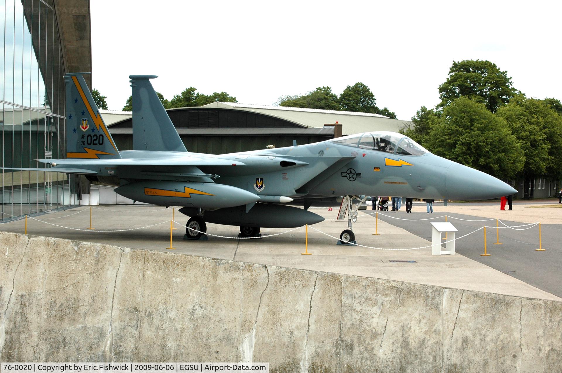 76-0020, 1976 McDonnell Douglas F-15A Eagle C/N 0199/A172, 3. 76-0020 now in the striking colours of 5th Fighter Interceptor Squadron, with its distinctive black and gold tail flash outside the American Air Museum at Duxford.