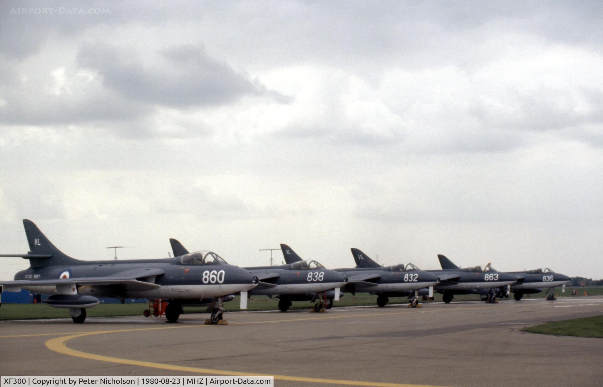 XF300, 1955 Hawker Hunter GA.11 C/N HABL-003061, Hunter GA.11 coded 860 together with others of the FRADU Blue Herons aerobatic display team at the 1980 Mildenhall Air Fete.