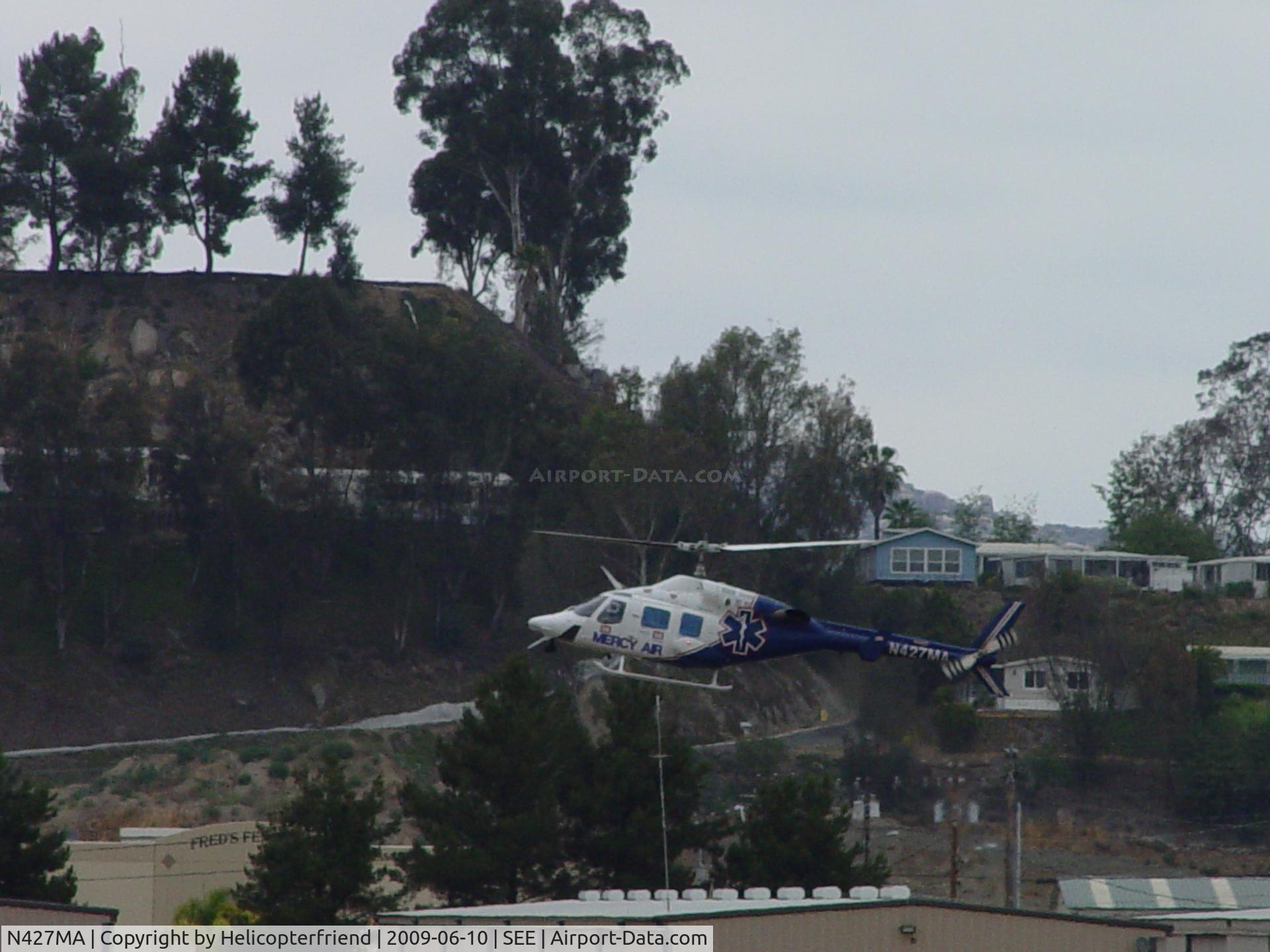 N427MA, 1987 Bell 222UT C/N 47558, Landing at Mercy Air Station at Gillespie Field