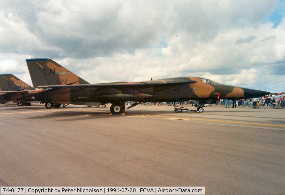 74-0177, 1974 General Dynamics F-111F Aardvark C/N E2-95, F-111F of 492 Tactical Fighter Squadron/48 Tactical Fighter Wing on display at the 1991 Intnl Air Tattoo at RAF Fairford.
