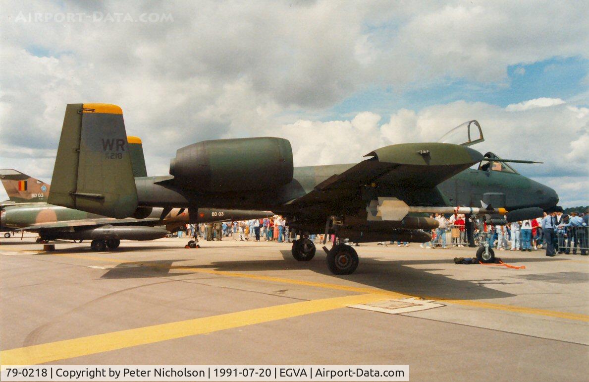 79-0218, 1979 Fairchild Republic A-10A Thunderbolt II C/N A10-0482, AIM-9 Sidewinder equipped A-10A Thunderbolt of 92nd Tactical Fighter Squadron/81st Tactical Fighter Wing on display at the 1991 Intnl Air Tattoo at RAF Fairford.