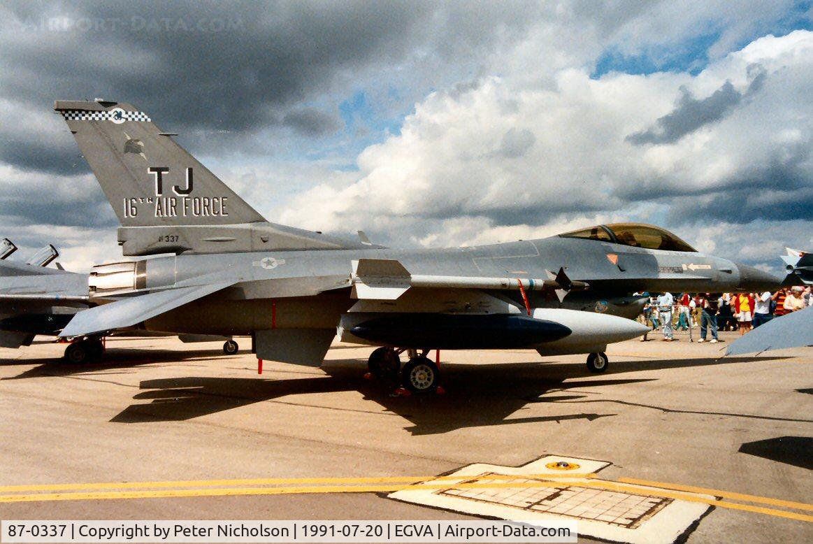 87-0337, 1987 General Dynamics F-16C Fighting Falcon C/N 5C-598, F-16C Falcon, callsign Zuni 22. of 612th Tactical Fighter Squadron/401st Tactical Fighter Wing at the 1991 Intnl Air Tattoo at RAF Fairford.