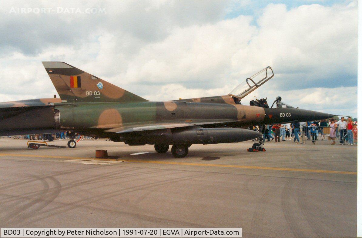 BD03, SABCA Mirage 5BD C/N 203, Mirage 5BD of 8 Wing of the Belgian Air Force at the 1991 Intnl Air Tattoo at RAF Fairford.