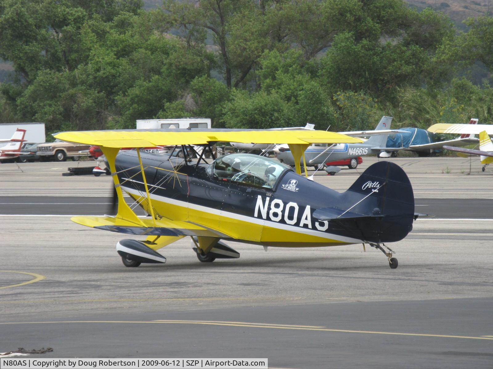 N80AS, 1992 Pitts S-2B Special C/N 5244, 1992 Pitts Aerobatics S-2B, Lycoming AEIO-540 just majored, new three-blade MT prop, taxi to Rwy 22