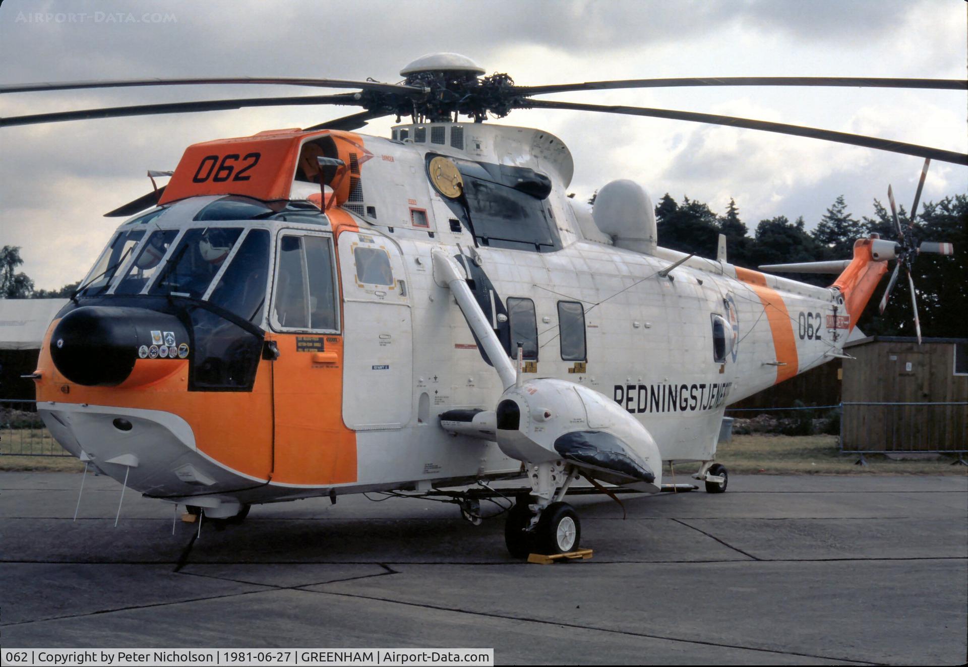 062, 1972 Westland Sea King Mk.43 C/N WA747, Sea King Mk.43 of 330 Skv Royal Norwegian Air Force on display at the 1981 Intnl Air Tattoo at RAF Greenham Common.