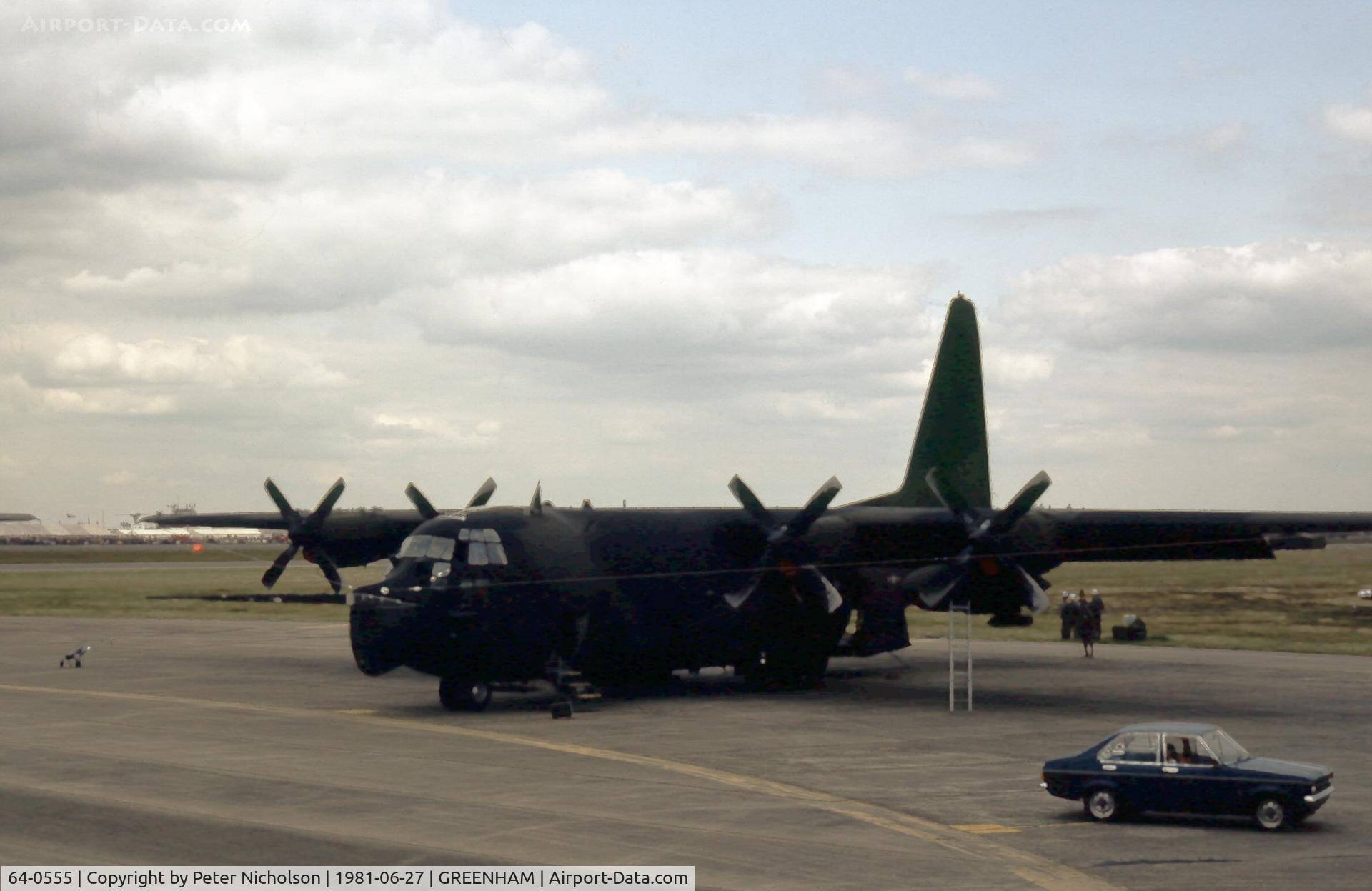 64-0555, 1964 Lockheed MC-130E Hercules C/N 382-4056, MC-130E Hercules of 7 Special Operations Squadron on display at the 1981 Intnl Air Tattoo at RAF Greenham Common.