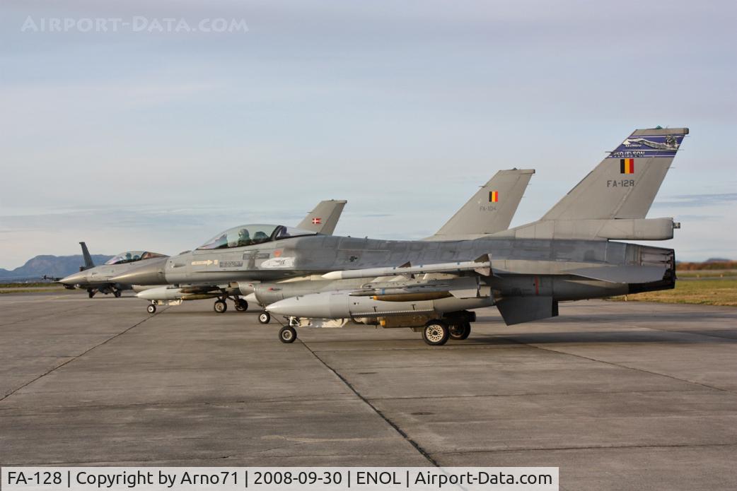 FA-128, SABCA F-16AM Fighting Falcon C/N 6H-128, Waiting for take off together with the F-16AM FA104 and a RDAF F-16AM E007 the FA128 is loaded with 2 live MK82 during FWIT 2009 from MAS Orland