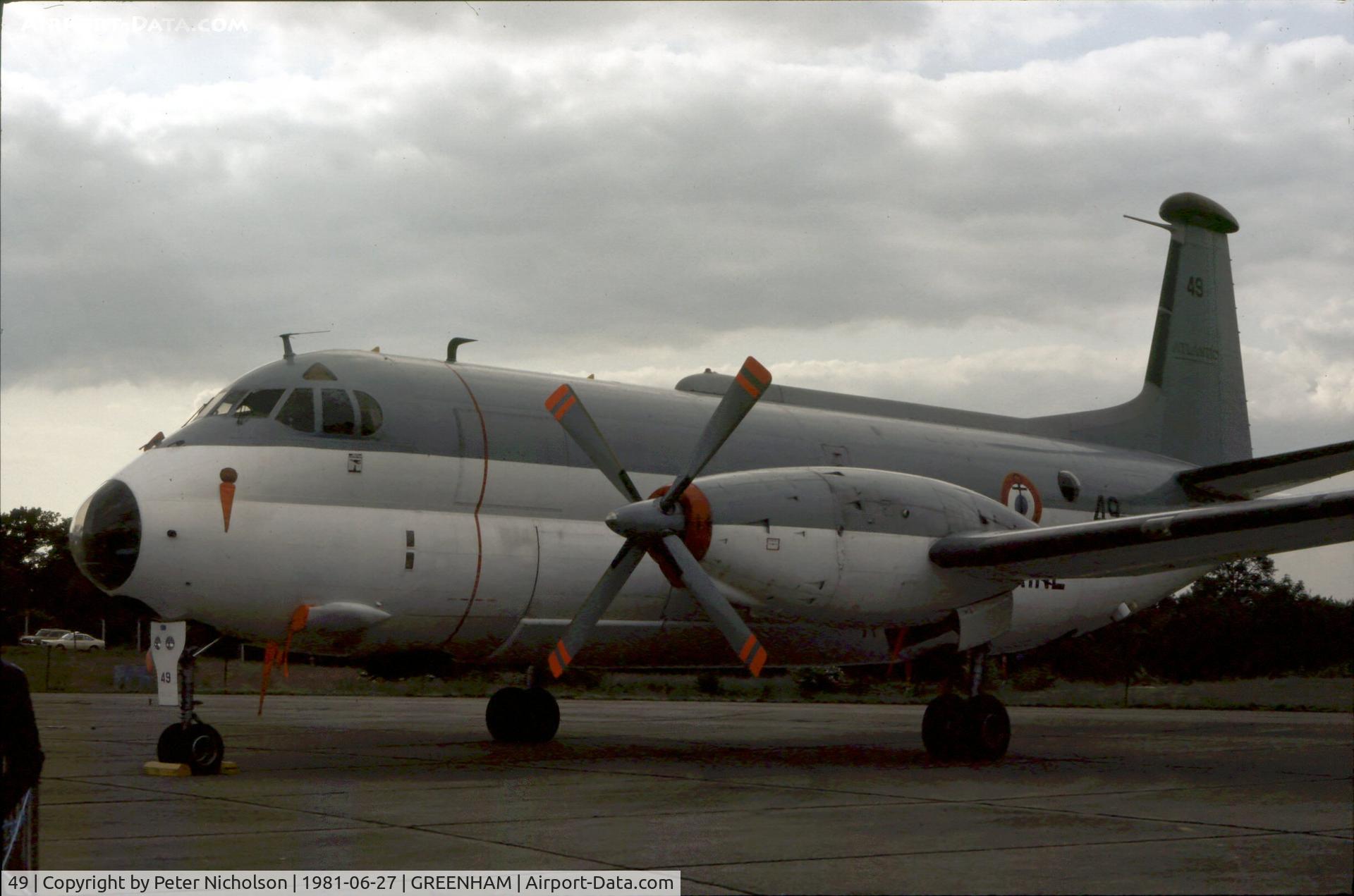 49, Breguet 1150 Atlantic C/N 49, Atlantic 49 of French Aeronavale's 24 Flotille on display at the 1981 Intnl Air Tattoo at RAF Greenham Common.
