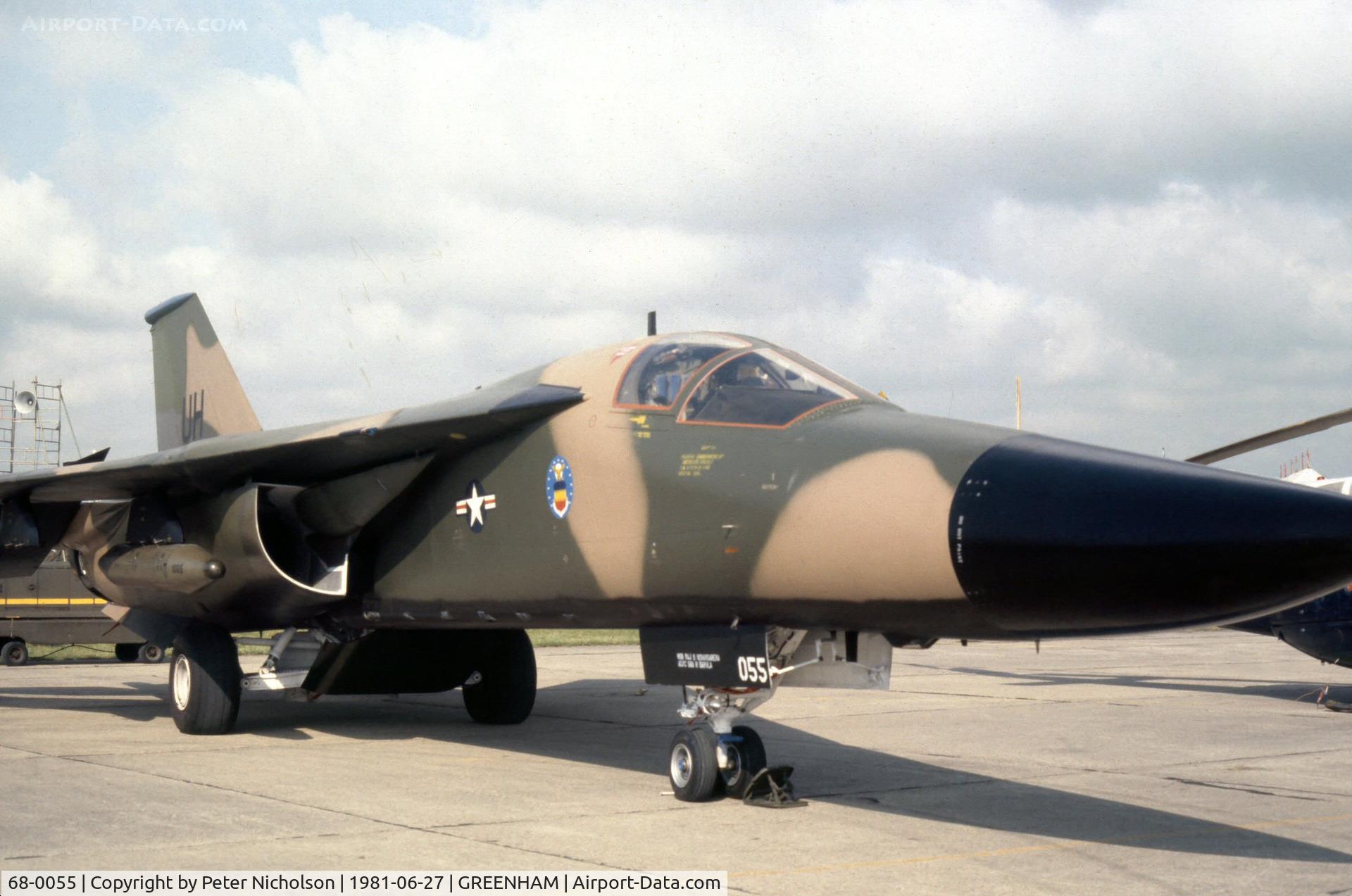 68-0055, 1968 General Dynamics F-111E Aardvark C/N A1-224, F-111E of 55 Tactical Fighter Squadron/20 Tactical Fighter Wing on display at the 1981 Intnl Air Tattoo at RAF Greenham Common.