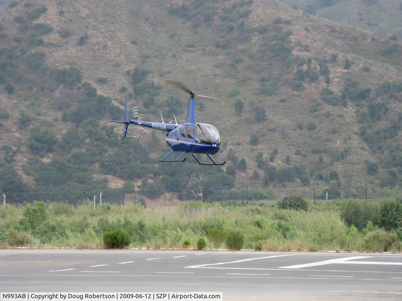 N993AB, Robinson R44 Raven II C/N 12721, 2009 Robinson R44 RAVEN II, Lycoming IO-540 derated to 245 Hp for 5 minutes, 205 Hp continuous, approaching SZP's Helipad for landing