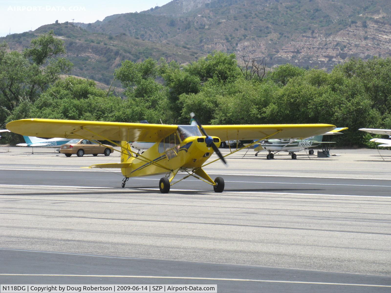 N118DG, 2008 Piper PA-18 Replica C/N 001, 2008 Ganzer XPA18, Continental O-200-A 100 Hp, Micro vortex generators, taxi off Rwy 22