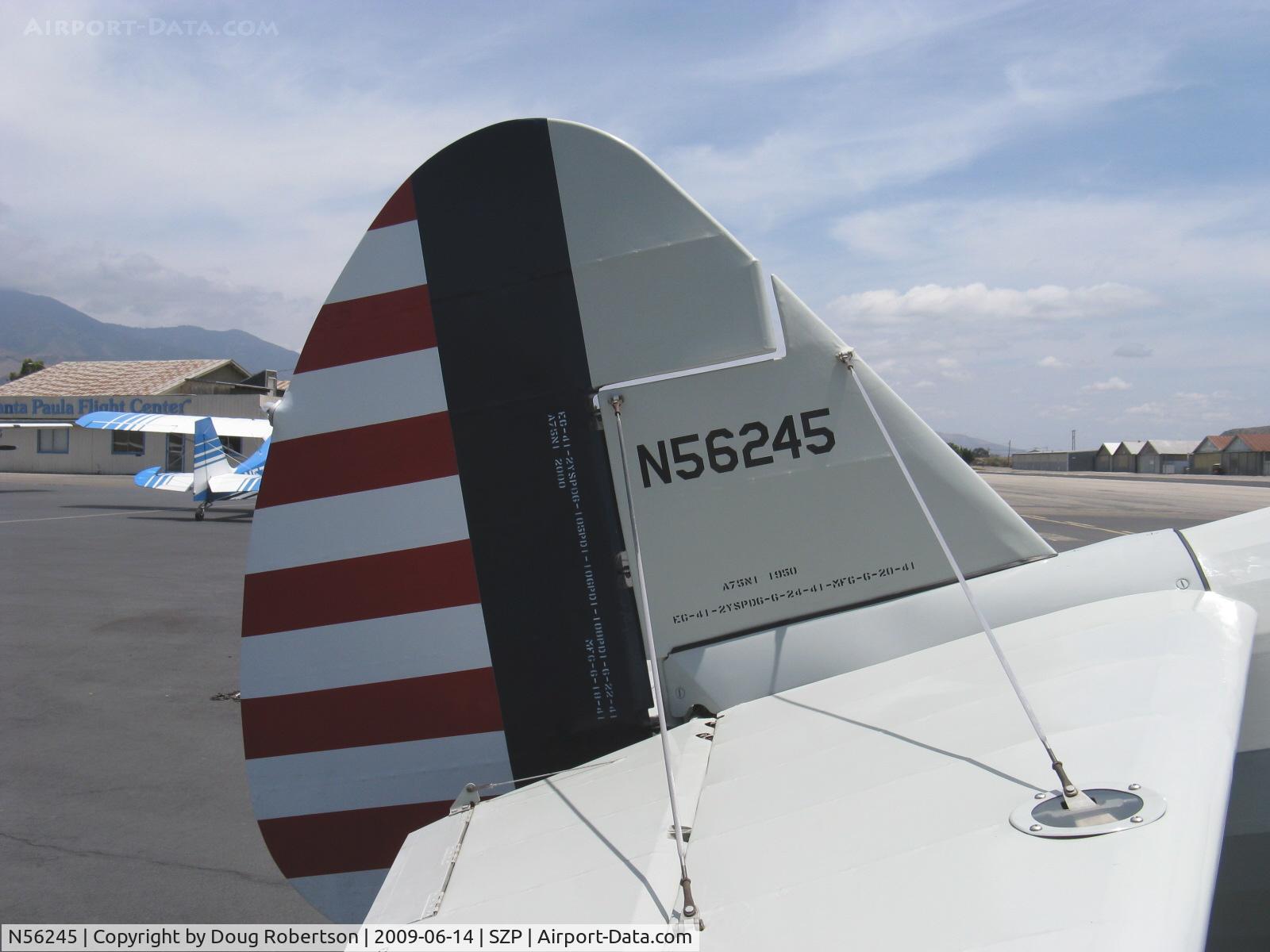 N56245, 1941 Boeing A75N1(PT17) C/N 75-4284, 1942 Boeing Stearman A75N1 (PT17), Jacobs R755-B2M 275 Hp upgrade from original Continental WR670 220 Hp radial, tail