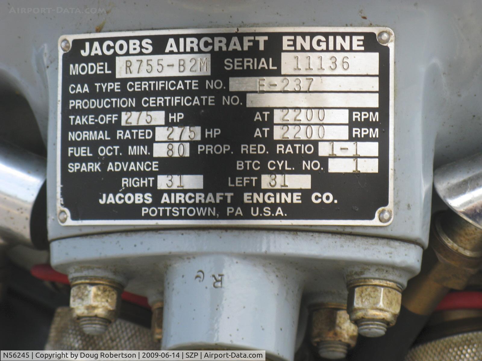 N56245, 1941 Boeing A75N1(PT17) C/N 75-4284, 1942 Boeing Stearman A75N1 (PT17), Jacobs R755-B2M 275 Hp upgrade from original 220 Hp Continental WR-670, easy-read engine data plate