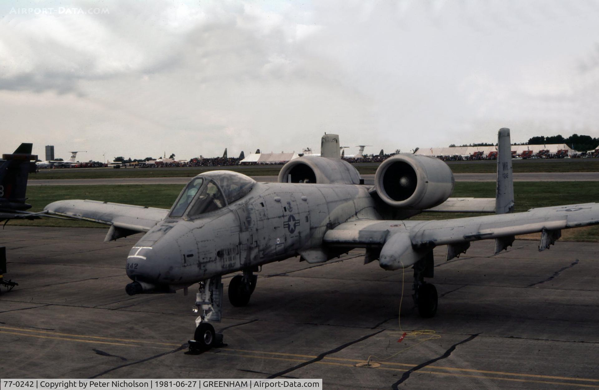 77-0242, 1977 Fairchild Republic A-10A Thunderbolt II C/N A10-0167, A-10A Thunderbolt of 81st Tactical Fighter Wing on display at the 1981 Intnl Air Tattoo at RAF Greenham.