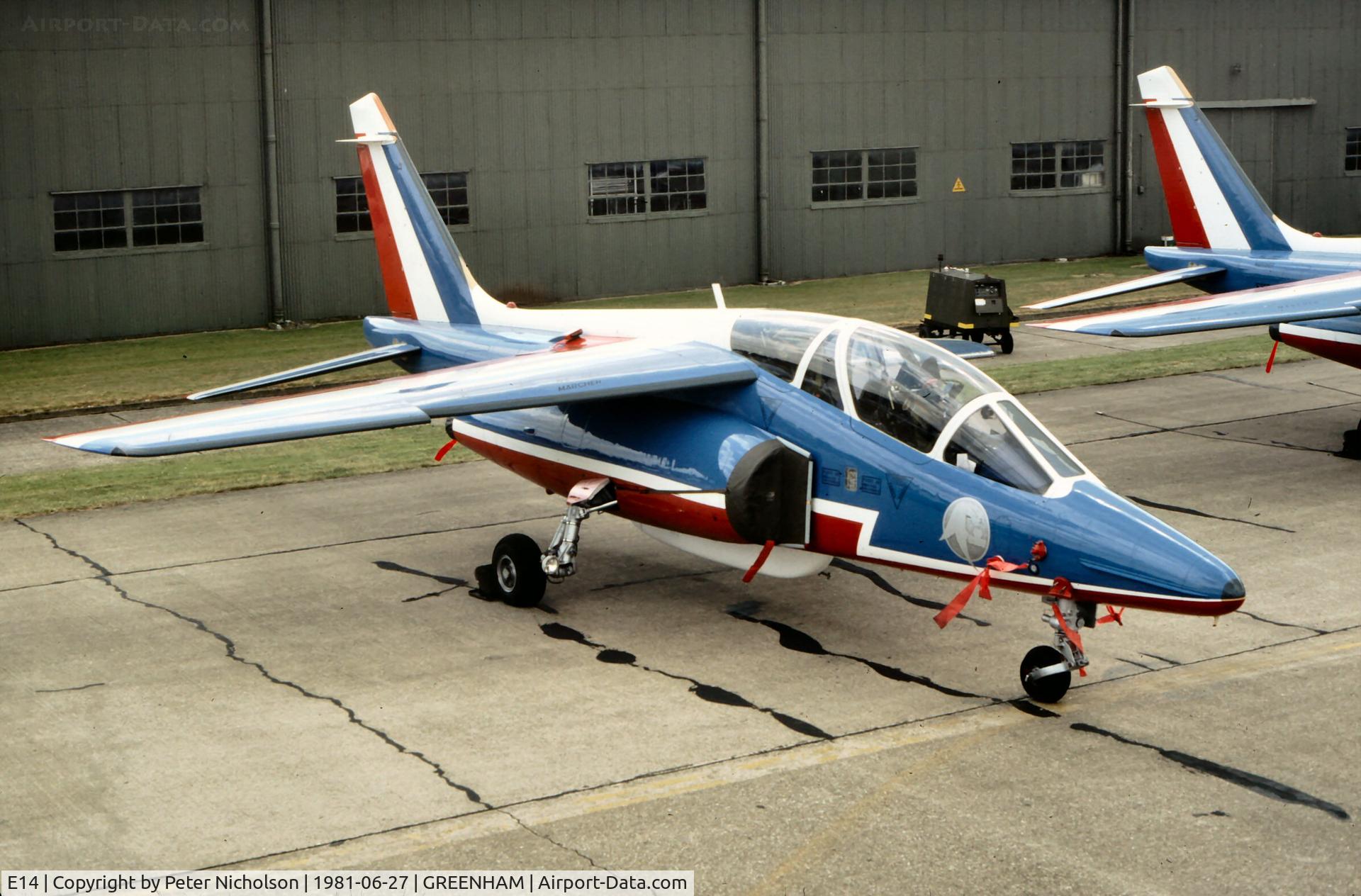 E14, Dassault-Dornier Alpha Jet E C/N E14, Alpha Jet E of the Patrouille de France aerobatic display team at the 1981 Intnl Air Tattoo at RAF Greenham Common.