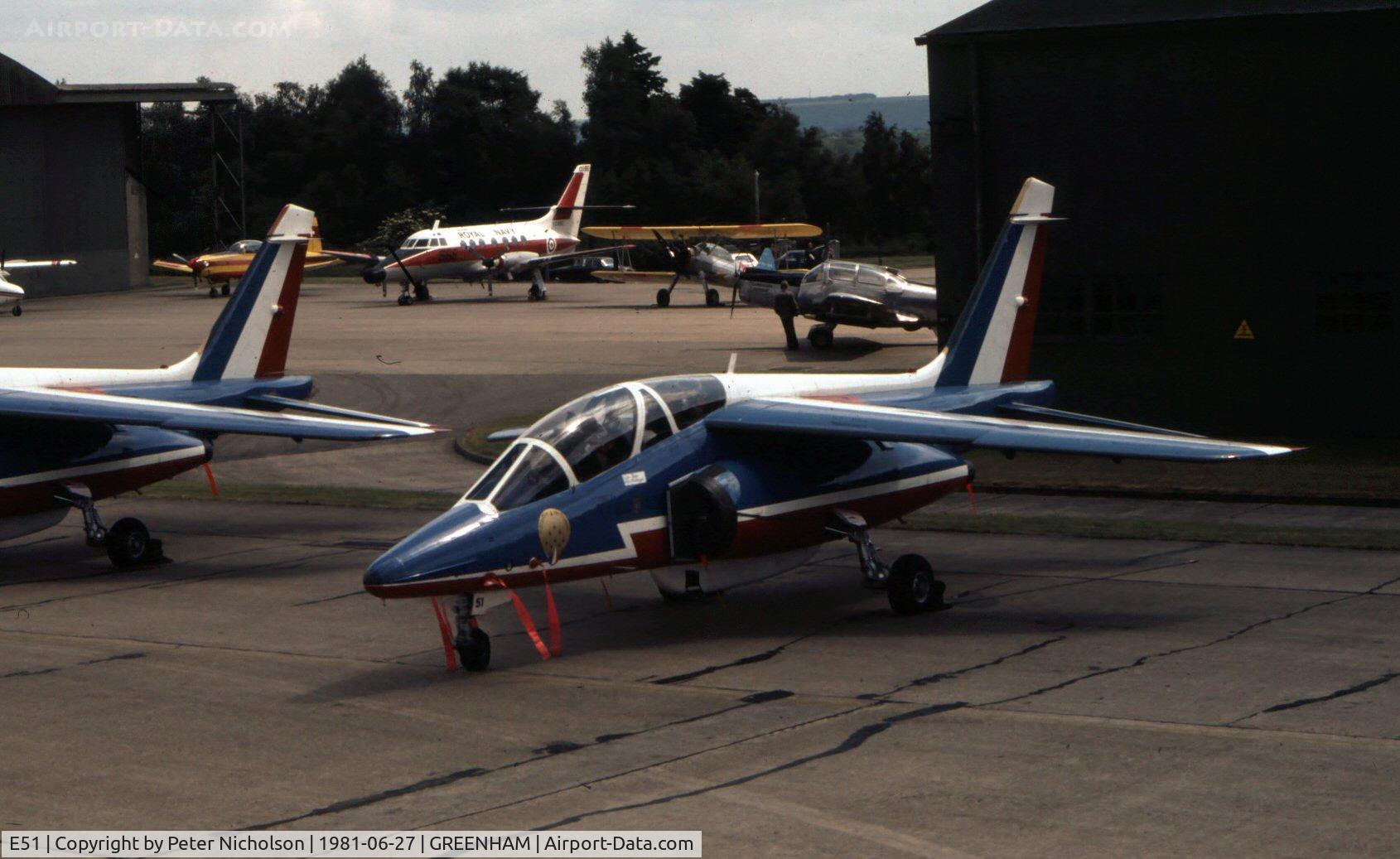 E51, Dassault-Dornier Alpha Jet E C/N E51, Alpha Jet E of the Patrouille de France aerobatic display team at the 1981 Intnl Air Tattoo at RAF Greenham Common.