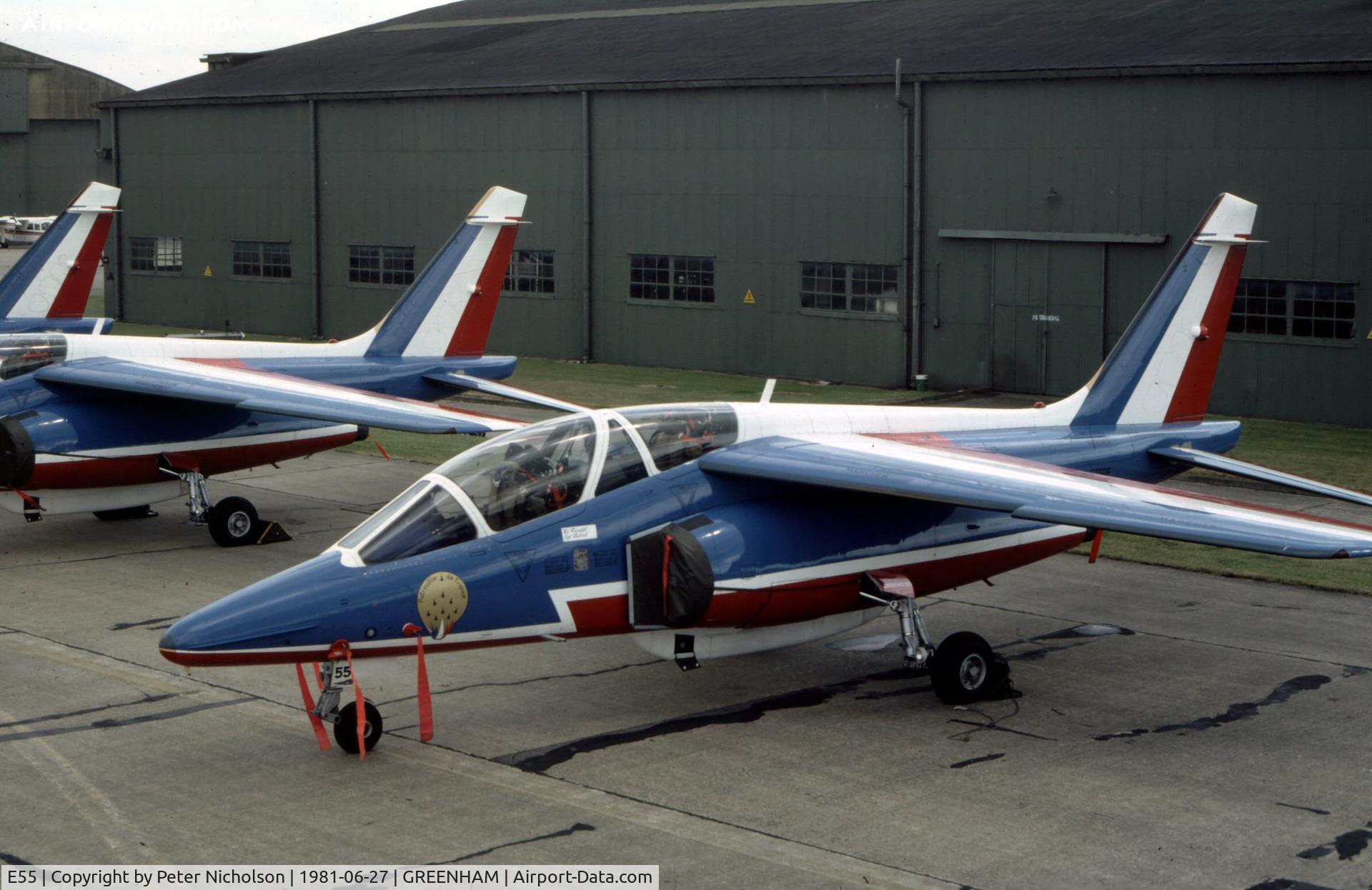E55, Dassault-Dornier Alpha Jet E C/N E55, Alpha Jet E of the Patrouille de France aerobatic display team at the 1981 Intnl Air Tattoo at RAF Greenham Common.