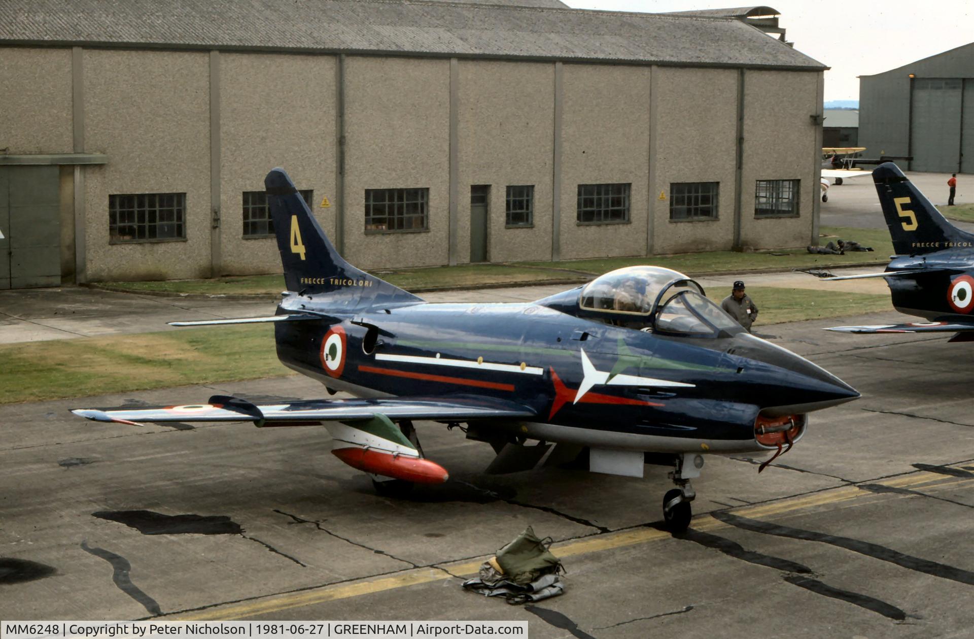 MM6248, Fiat G-91PAN C/N 14, G-91PAN - number 4 - of the Frecce Tricolori Italian Air Force aerobatic display team at the 1981 Intnl Air Tattoo at RAF Greenham Common.