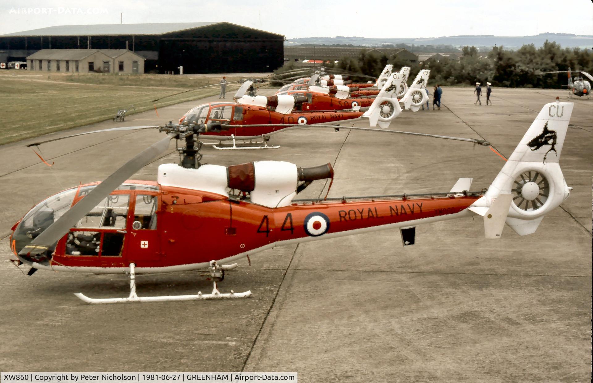 XW860, 1973 Westland SA-341C Gazelle HT2 C/N 1100/1096, Gazelle HT.2 of 705 Squadron's The Sharks aerobatic display team at the 1981 Intnl Air Tattoo at RAF Greenham Common.