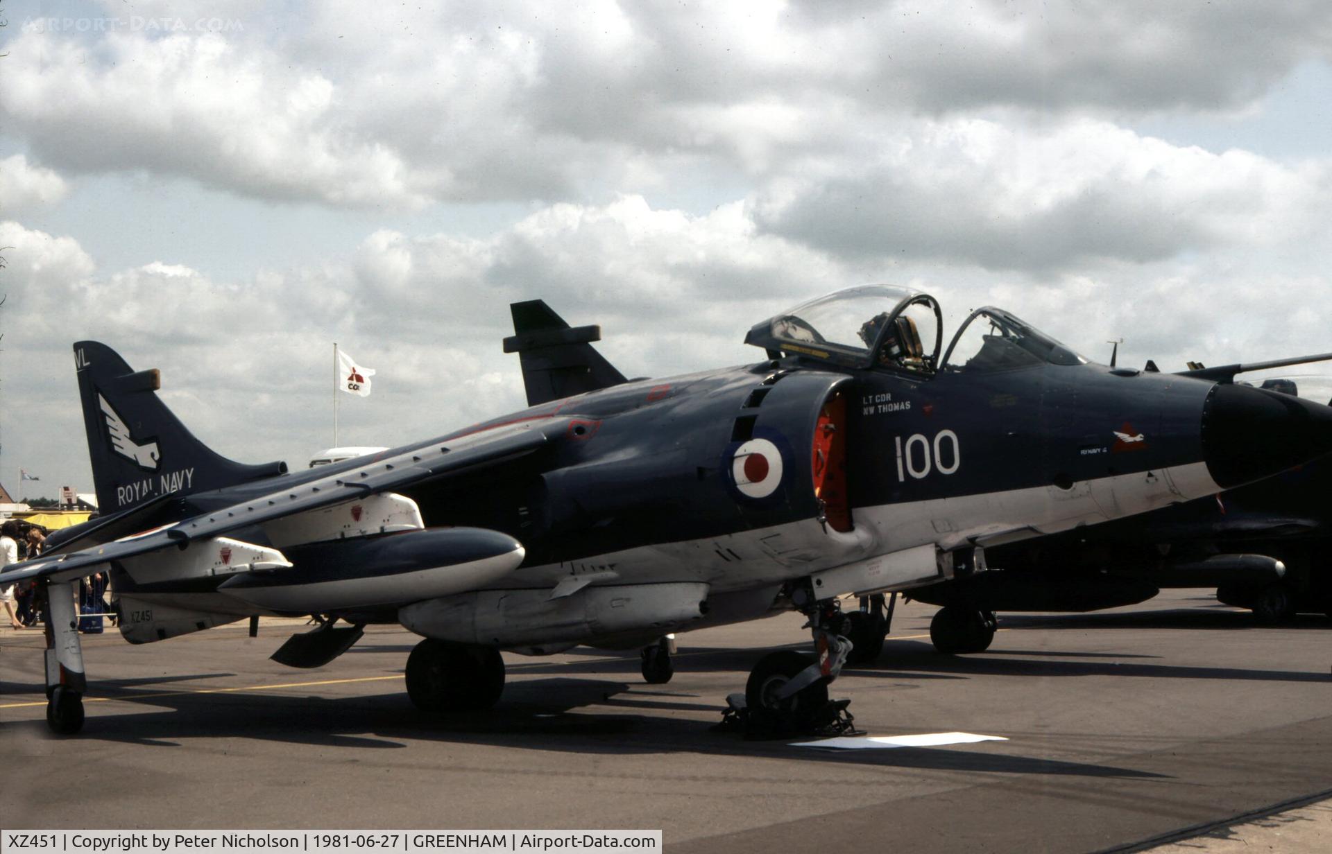 XZ451, 1979 British Aerospace Sea Harrier FRS.1 C/N 41H-912005, Another view of the 899 Squadron Sea Harrier FRS.1 on display at the 1981 Intnl Air Tattoo at RAF Greenham Common.
