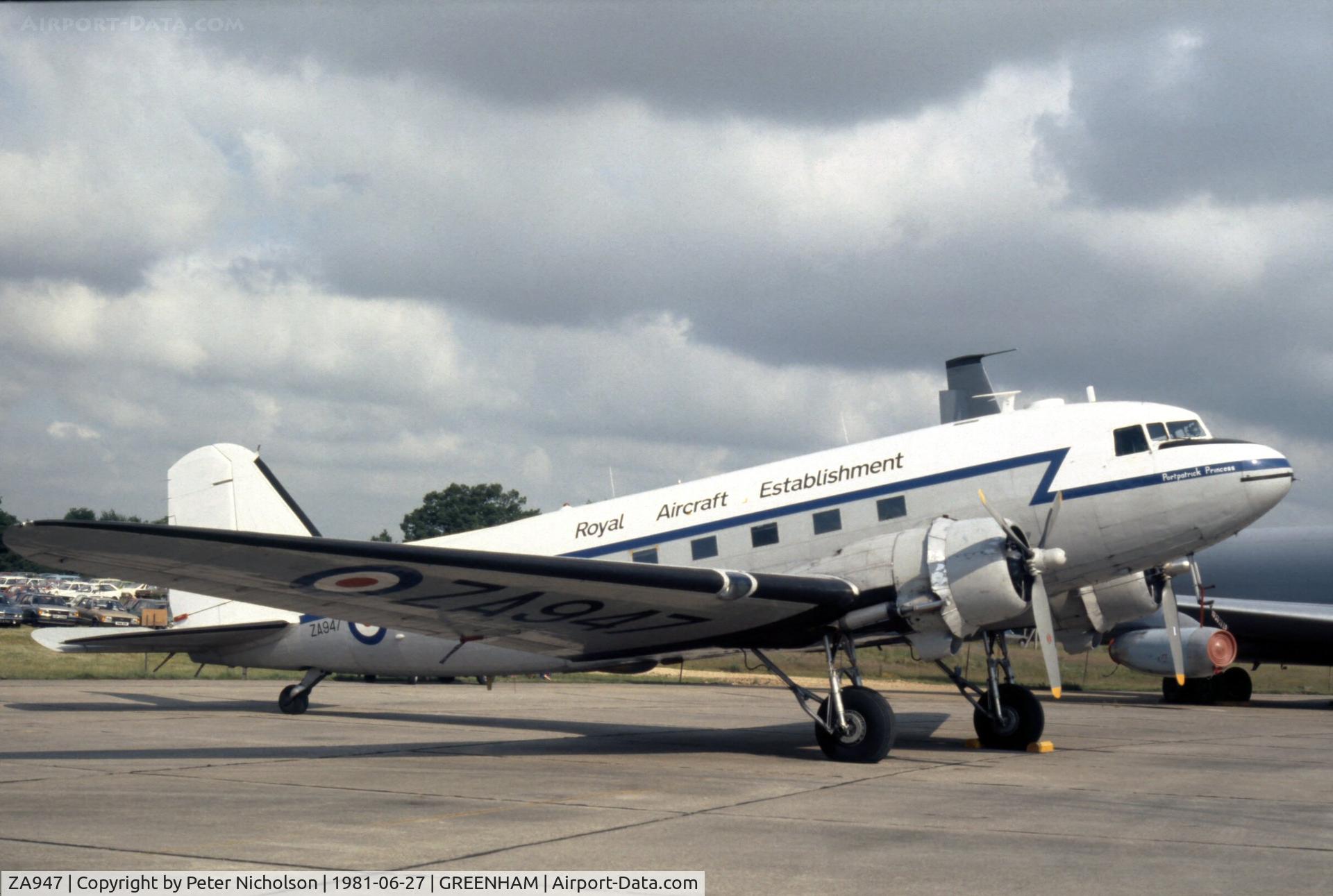 ZA947, 1943 Douglas C-47A-60-DL Dakota III C/N 10200, Dakota C.3 named Portpatrick Princess at the 1981 Intnl Air Tattoo at RAF Greenham Common.