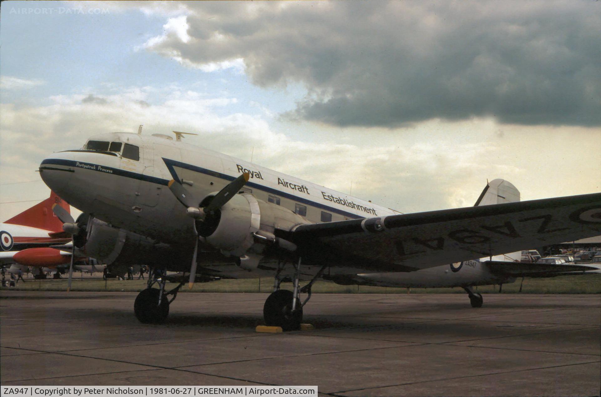 ZA947, 1943 Douglas C-47A-60-DL Dakota III C/N 10200, Dakota C.3 from the Royal Aircraft Establishment at West Freugh, hence the name Portpatrick Princess, at the 1981 Intnl Air Tattoo at RAF Greenham Common.