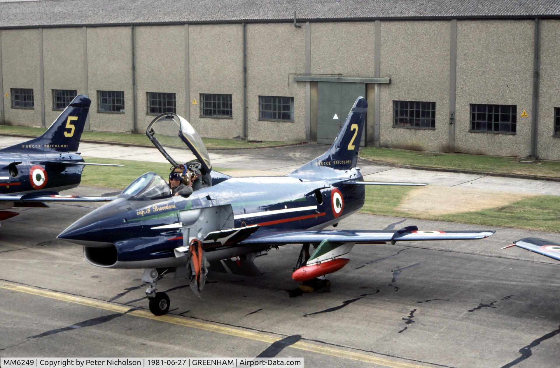 MM6249, Fiat G-91PAN C/N 15, G-91PAN number 2 of the Italian Air Force's Frecce Tricolori display team at the 1981 Intnl Air Tattoo at RAF Greenham Common.