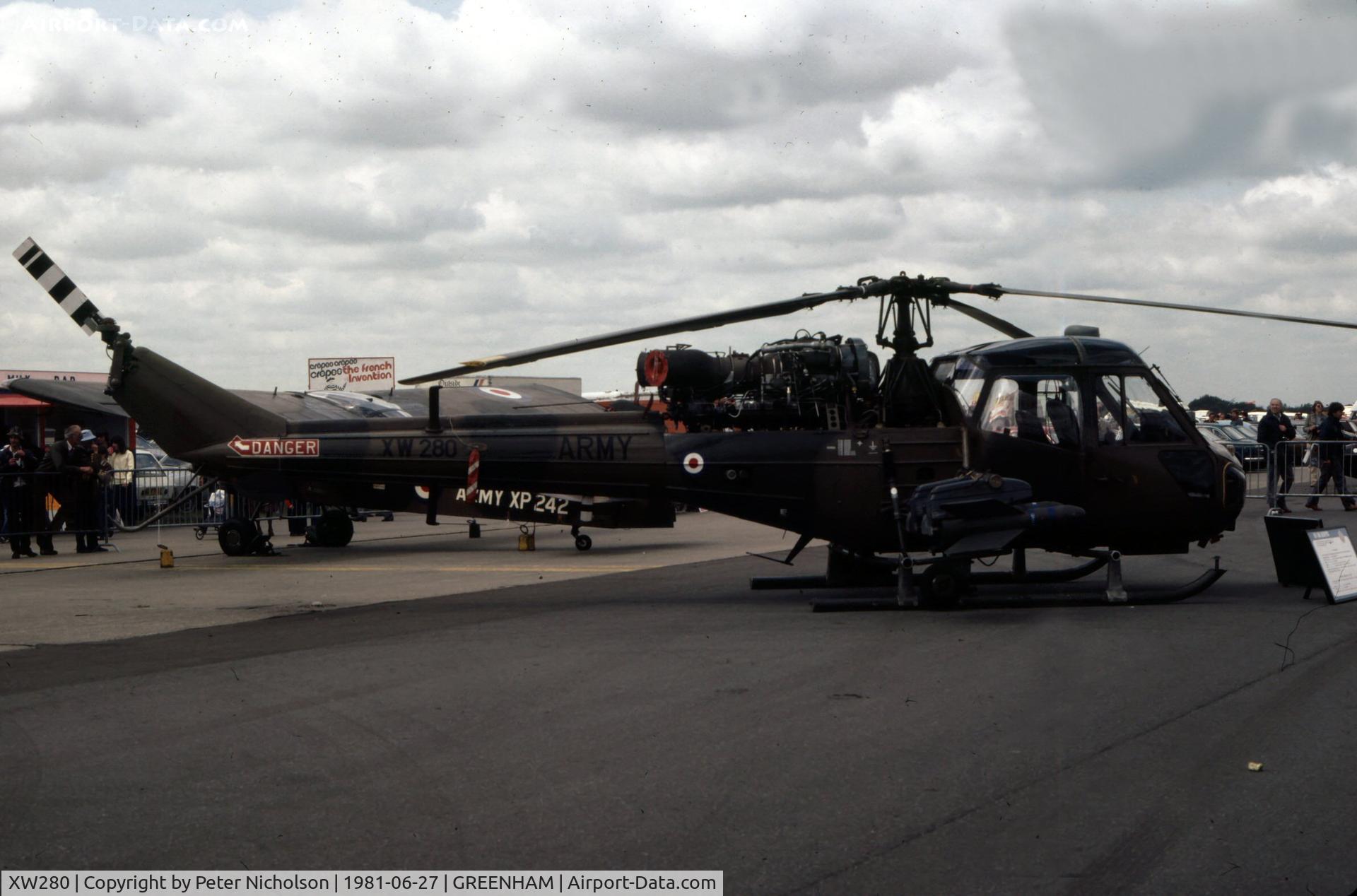 XW280, 1969 Westland Scout AH.1 C/N F9735, Scout AH.1 of the Development & Training Squadron on display at the 1981 Intnl Air Tattoo at RAF Greenham Common.