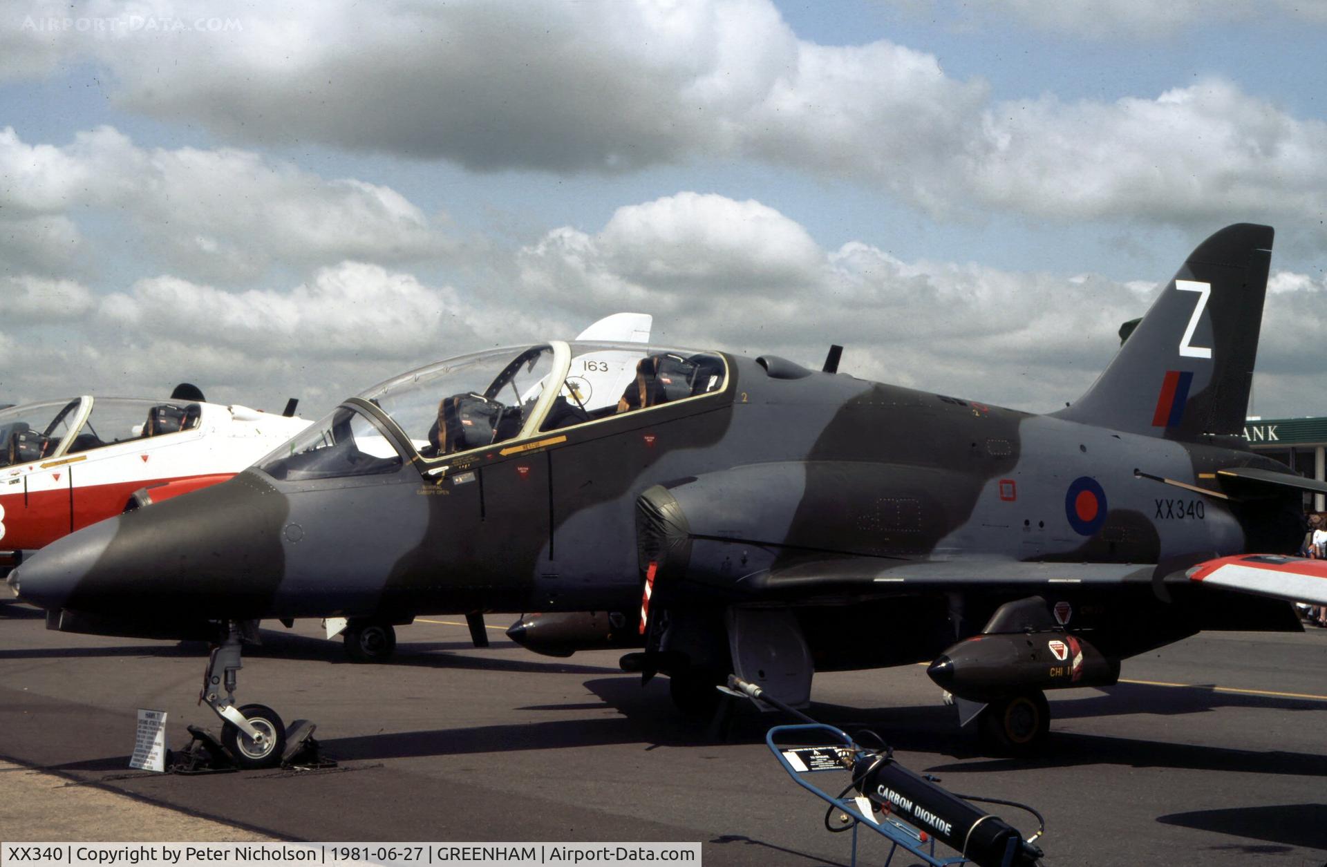 XX340, 1981 Hawker Siddeley Hawk T.1A C/N 189/312164, Hawk T.1A of 2 Tactical Weapons Unit on display at the 1981 Intnl Air Tattoo at RAF Greenham Common.