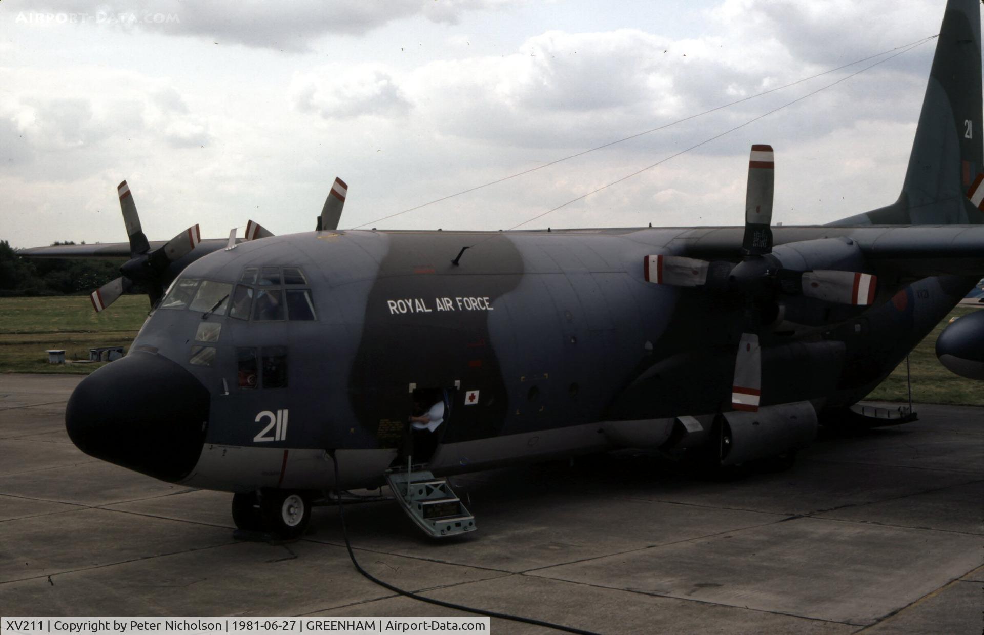 XV211, 1967 Lockheed C-130K Hercules C.1P C/N 382-4237, Hercules C.1 of Lyneham Transport Wing as support aircraft for the Falcons parachute display team at the 1981 Intnl Air Tattoo at RAF Greenham Common.