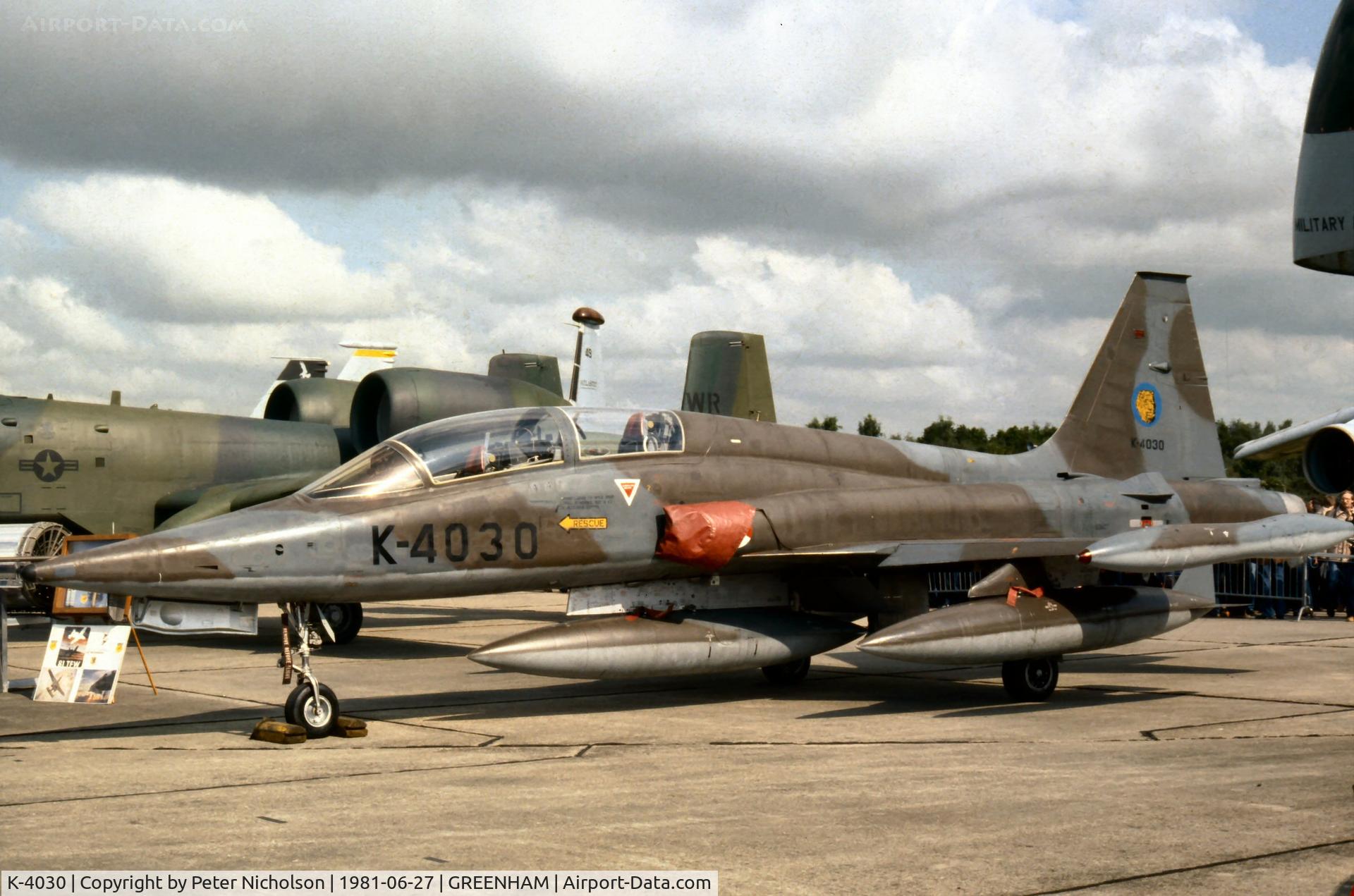 K-4030, 1971 Canadair NF-5B Freedom Fighter C/N 4030, NF-5B of the Royal Netherlands Air Force's 315 Squadron on display at the 1981 Intnl Air Tattoo at RAF Greenham Common.