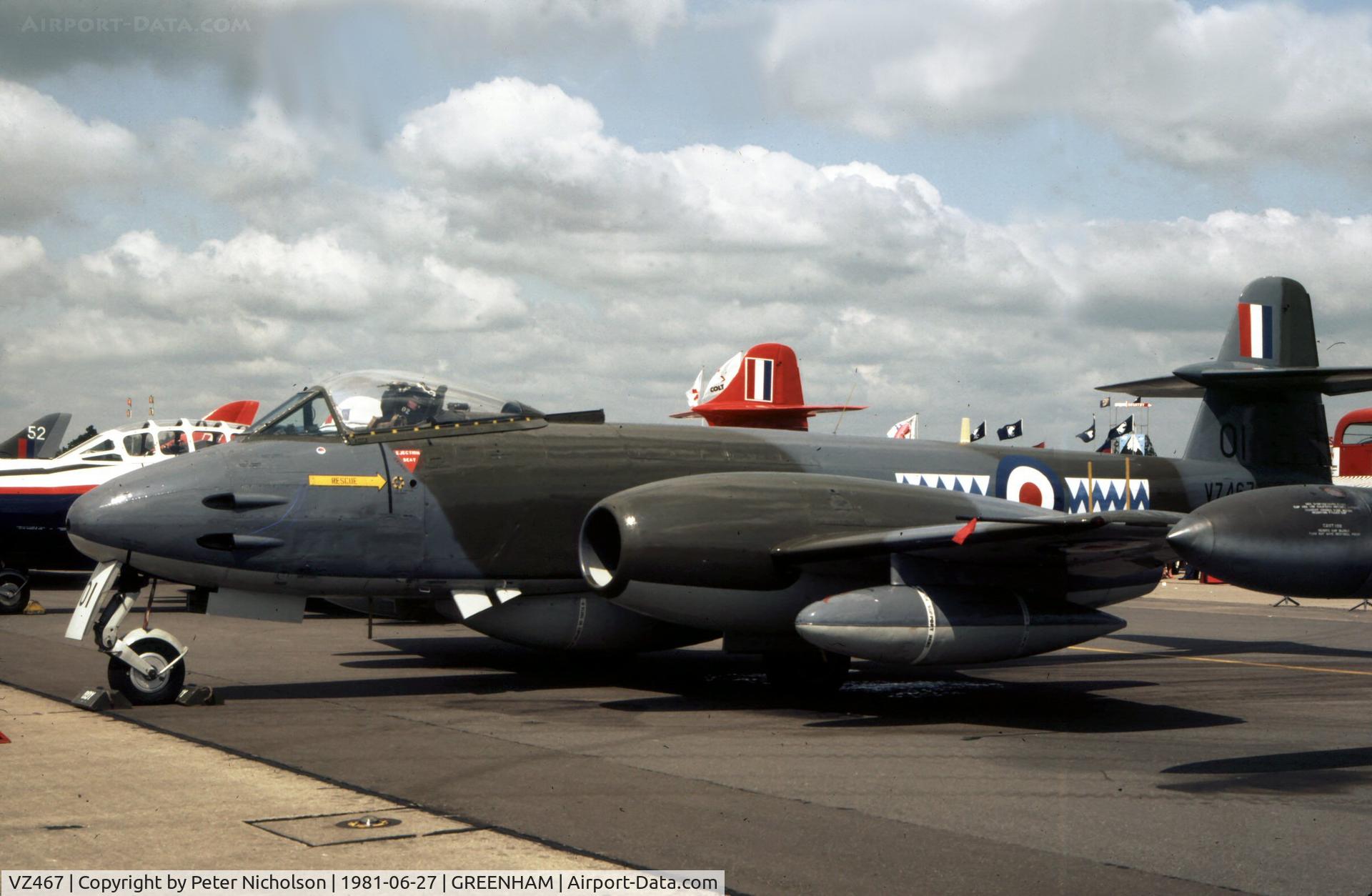 VZ467, 1950 Gloster Meteor F.8 C/N G5/361641, Meteor F.8(TT) of 1 Tactical Weapons Unit on display at the 1981 Intnl Air Tattoo at RAF Greenham Common.