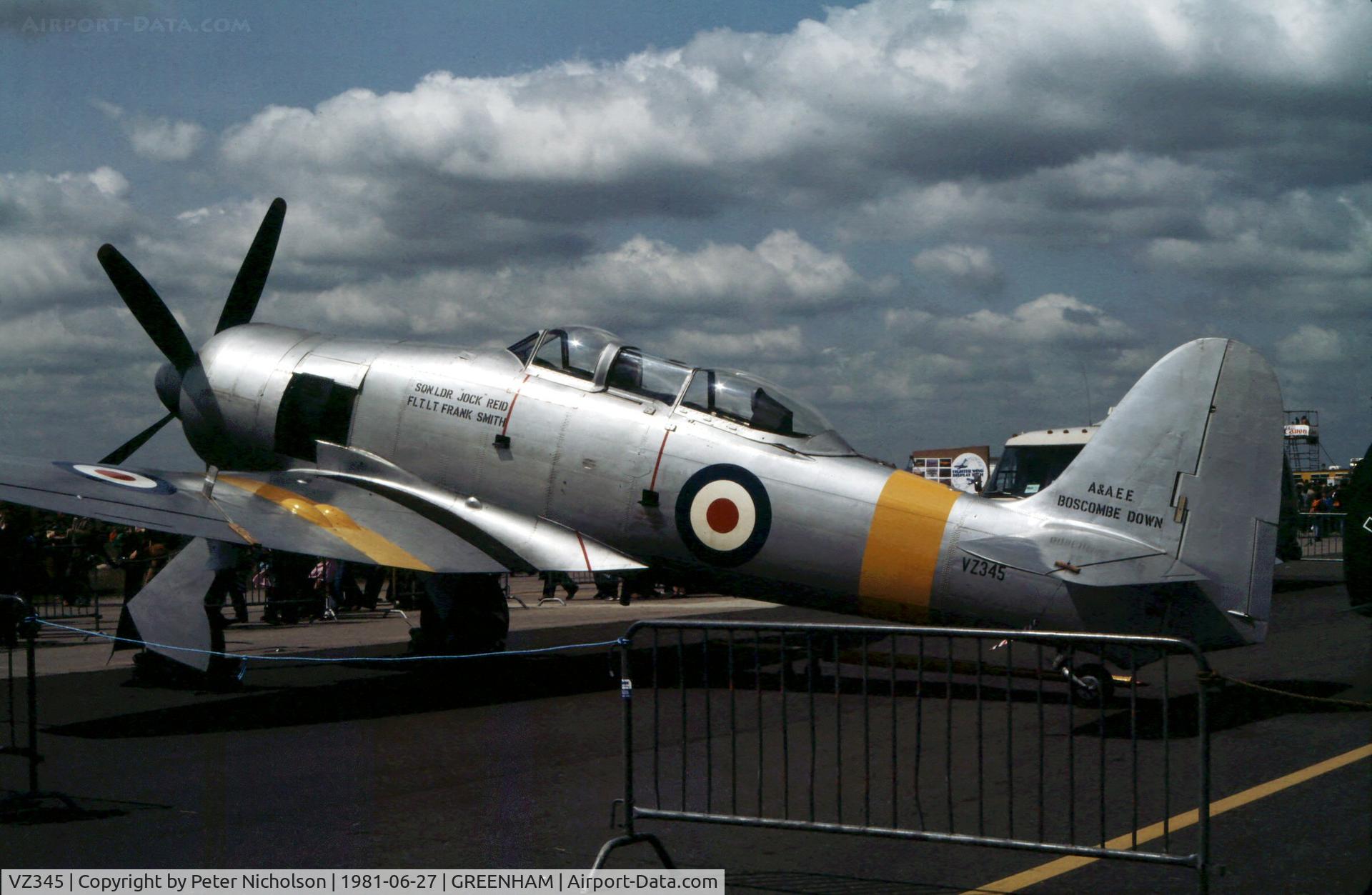 VZ345, 1950 Hawker Sea Fury T.20 C/N ES.8503, The Aircraft & Armament Experimental Establishment at Boscombe Down provided this Sea Fury for display at the 1981 Intnl Air Tattoo at RAF Greenham Common.