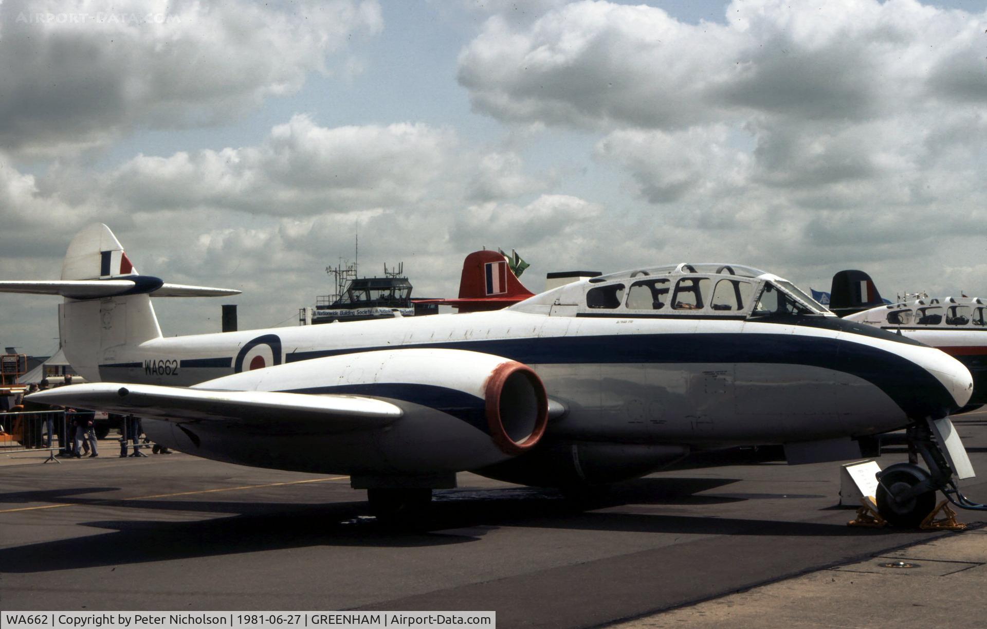 WA662, 1950 Gloster Meteor T.7 C/N Not found WA662, The Royal Aircraft Establishment at Farnborough displayed their Meteor T.7 at the 1981 Intnl Air Tattoo at RAF Greenham Common.