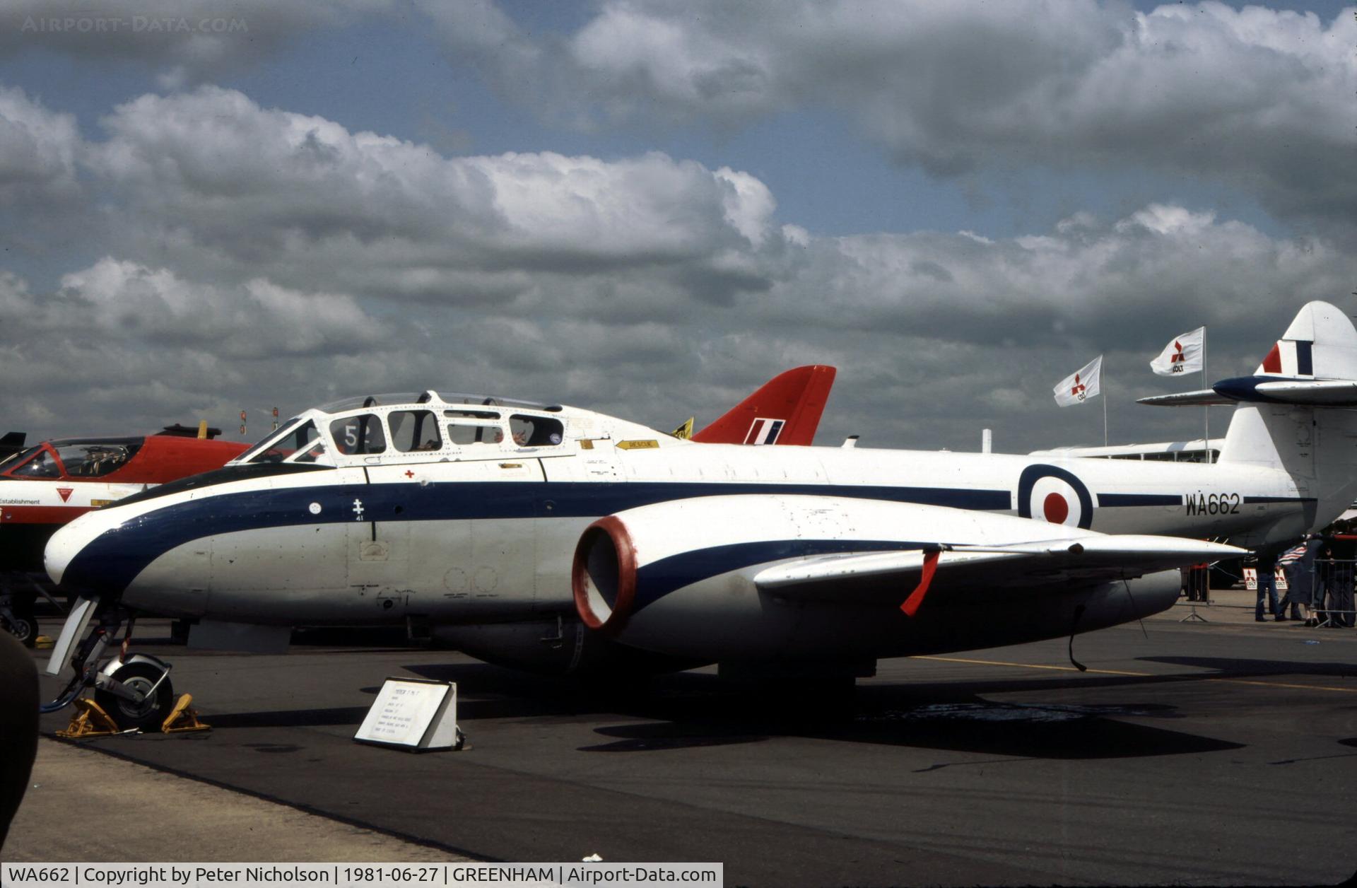 WA662, 1950 Gloster Meteor T.7 C/N Not found WA662, Another view of the RAE Meteor T.7 on display at the 1981 Intnl Air Tattoo at RAF Greenham Common.
