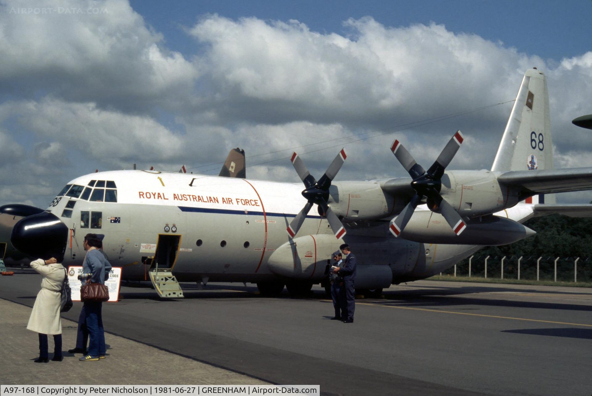 A97-168, 1966 Lockheed C-130E Hercules C/N 382-4168, C-130E Hercules of 37 Squadron Royal Australian Air Force on display at the 1981 Intnl Air Tattoo at RAF Greenham Common.