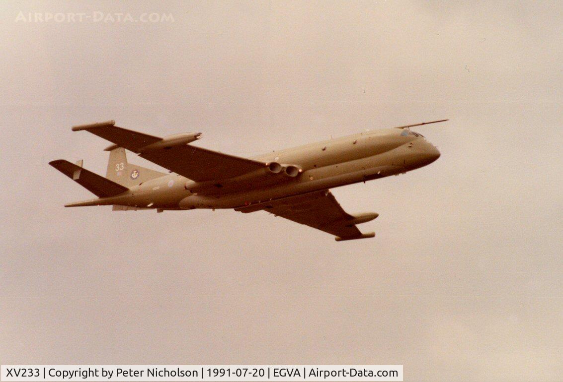 XV233, Hawker Siddeley Nimrod MR.2 C/N 8008, Nimrod MR.2 of 42 Squadron, with 75th anniversary markings,  on display at the 1991 Intnl Air Tattoo at RAF Fairford.