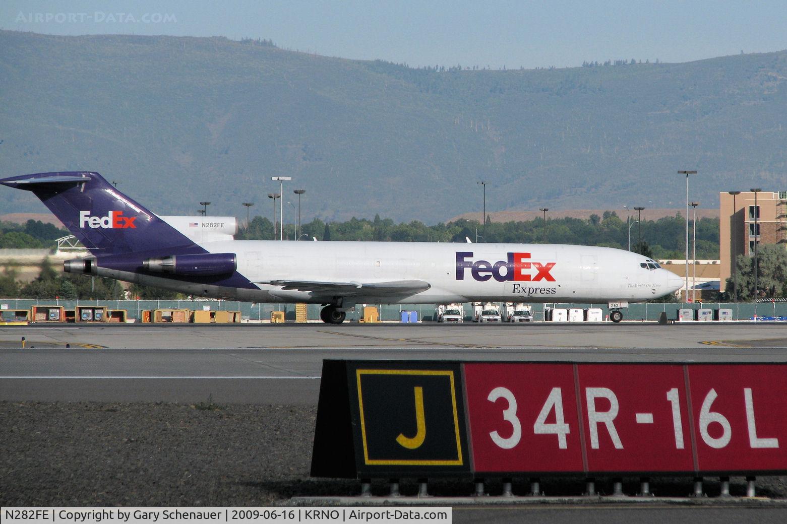 N282FE, 1981 Boeing 727-233F C/N 22349, A veteran of the skies, this Boeing 727 taxies to the Fed Ex cargo ramp after its morning arrival at Reno-Tahoe International.