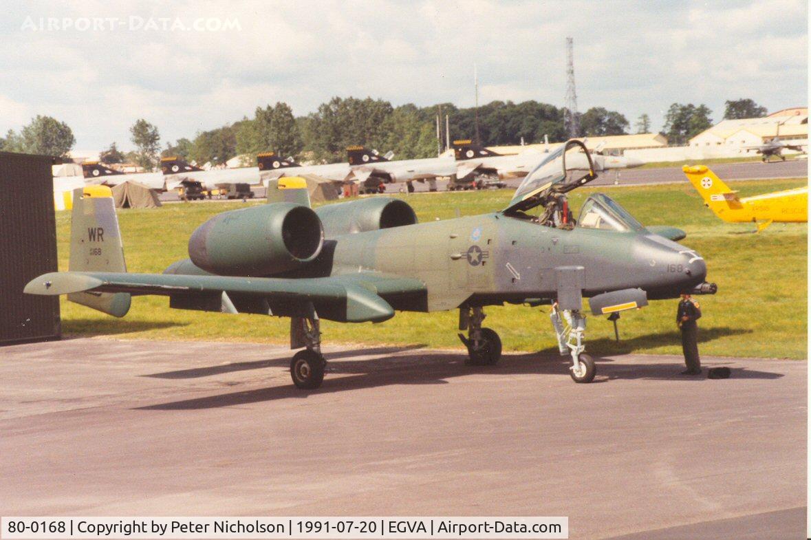 80-0168, 1980 Fairchild Republic A-10A Thunderbolt II C/N A10-0518, A-10A Thunderbolt, callsign Bison 95, of 92nd Tactical Fighter Squadron/81st Tactical Fighter Wing at the 1991 Intnl Air Tattoo at RAF Fairford.