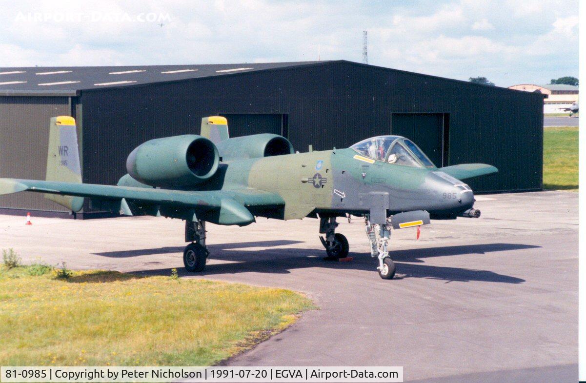 81-0985, 1981 Fairchild Republic A-10A Thunderbolt II C/N A10-0680, A-10A Thunderbolt of 92nd Tactical Fighter Squadron/81st Tactical Fighter Wing at the 1991 Intnl Air Tattoo at RAF Fairford.